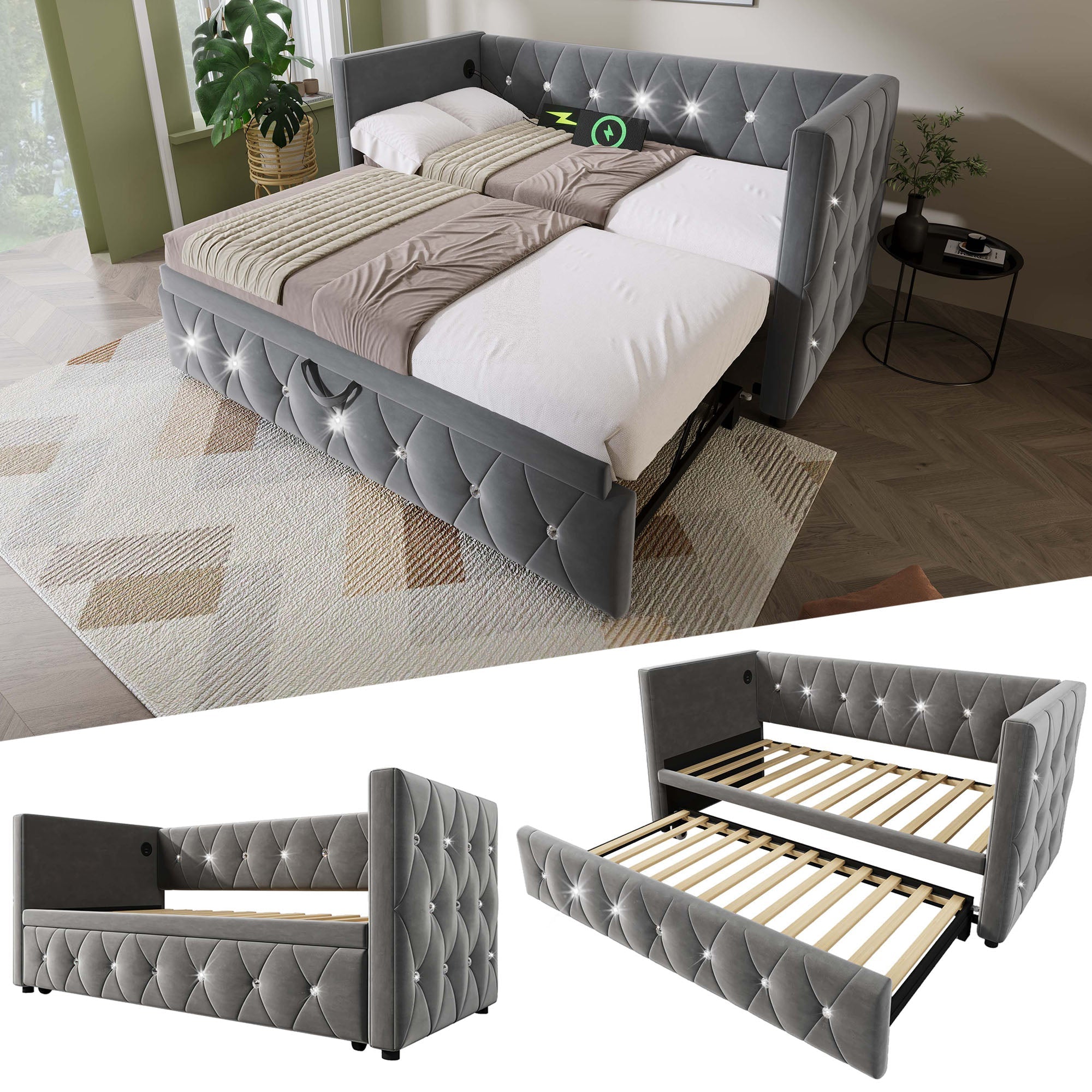 Daybed Single Upholstered Sofa Bed with USB & Type C Charging Station, 3FT 90 x 190 cm with Pull Out Trundle, Velvet Grey