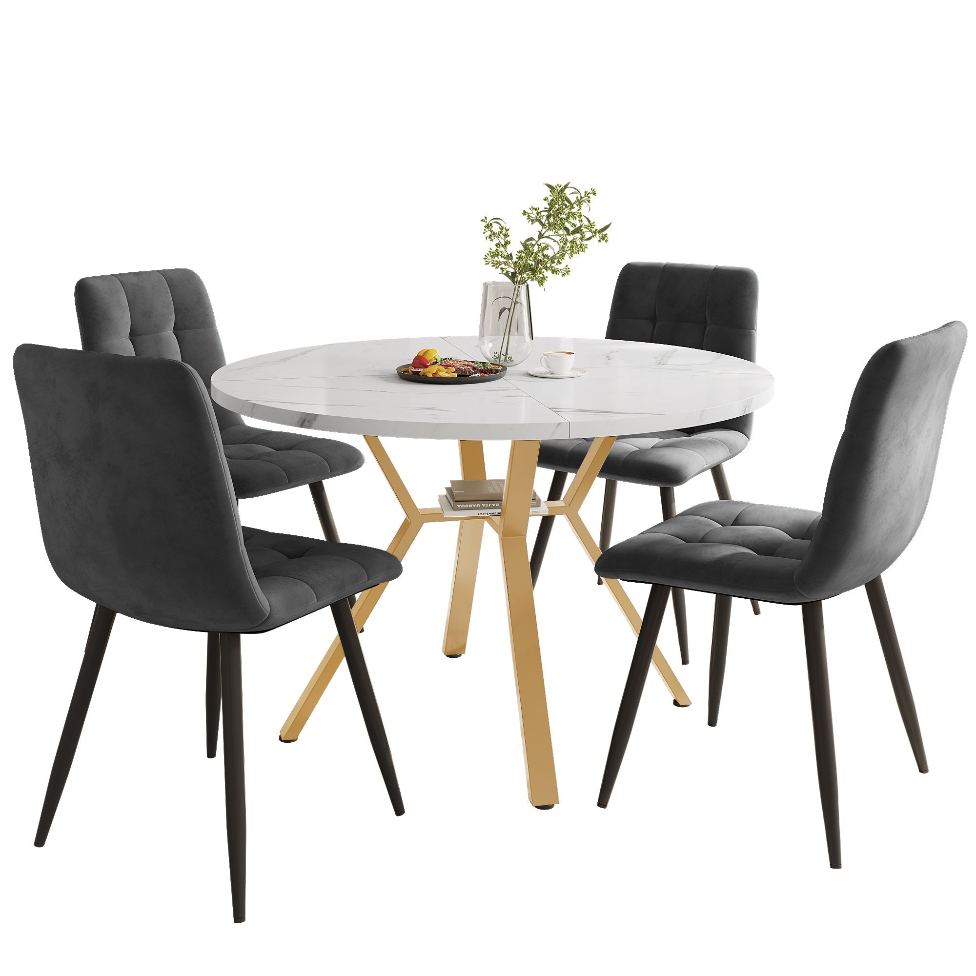 Dining Table Set (5-Piece) - Modern Simple Round Marble with Gold Metal Legs & 4 Ergonomic Velvet Chairs, Gray