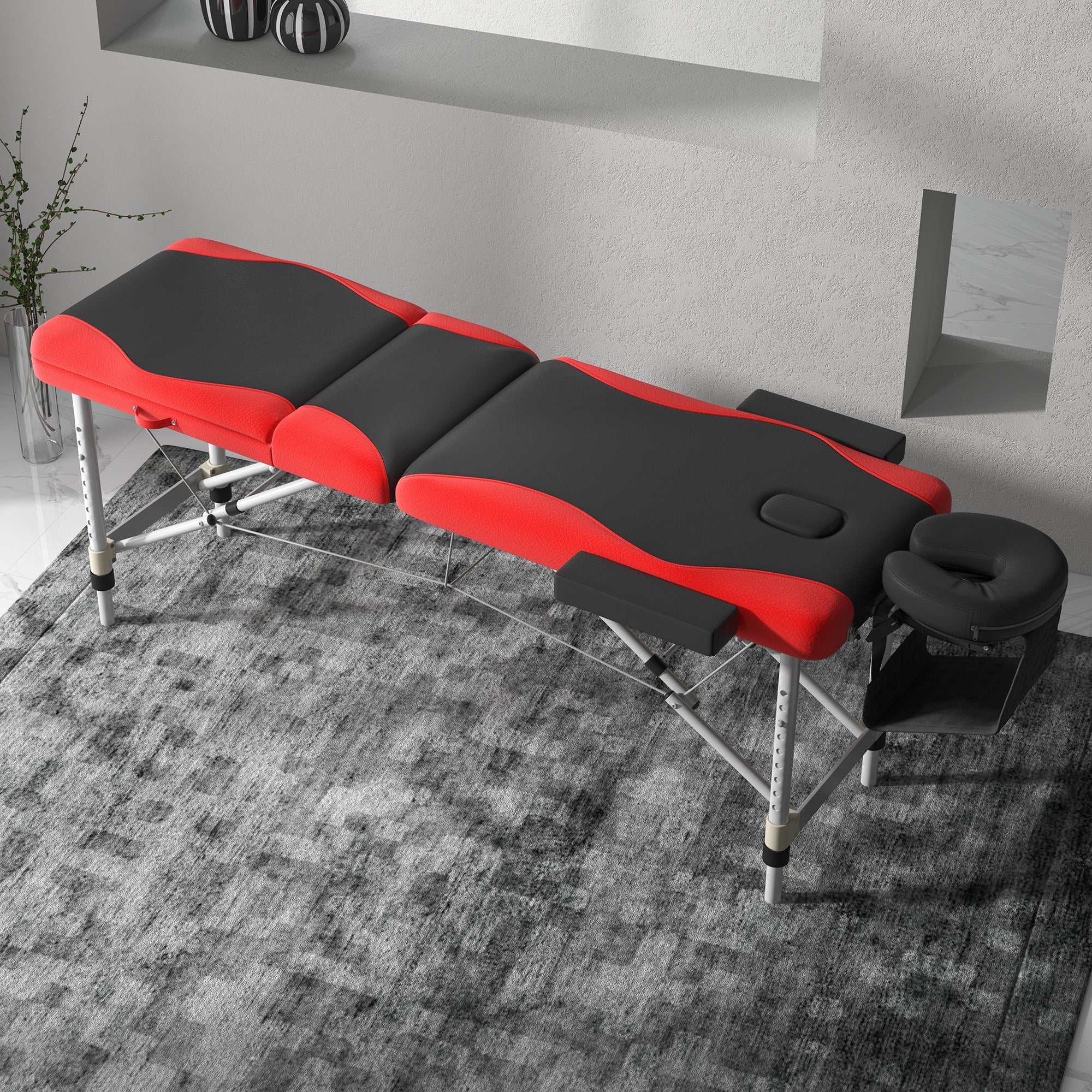 Foldable Massage Bed Portable Table, 3-Section Aluminium Beauty Couch with Headrest Support and Carry Bag, 60cm, Black and Red