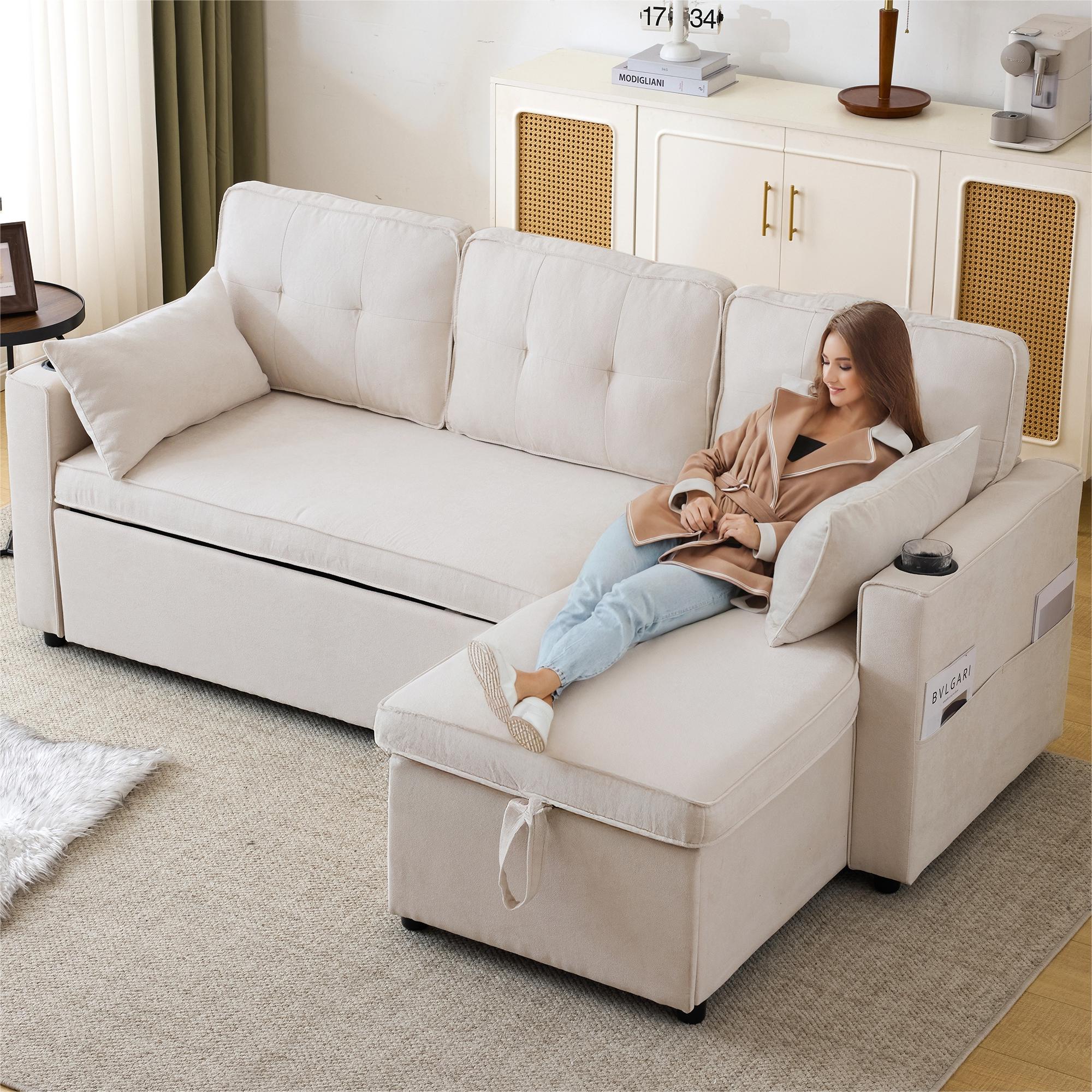 3-in-1 Convertible Sofa Bed with Storage Chaise, L-Shaped Sectional Daybed, Beige