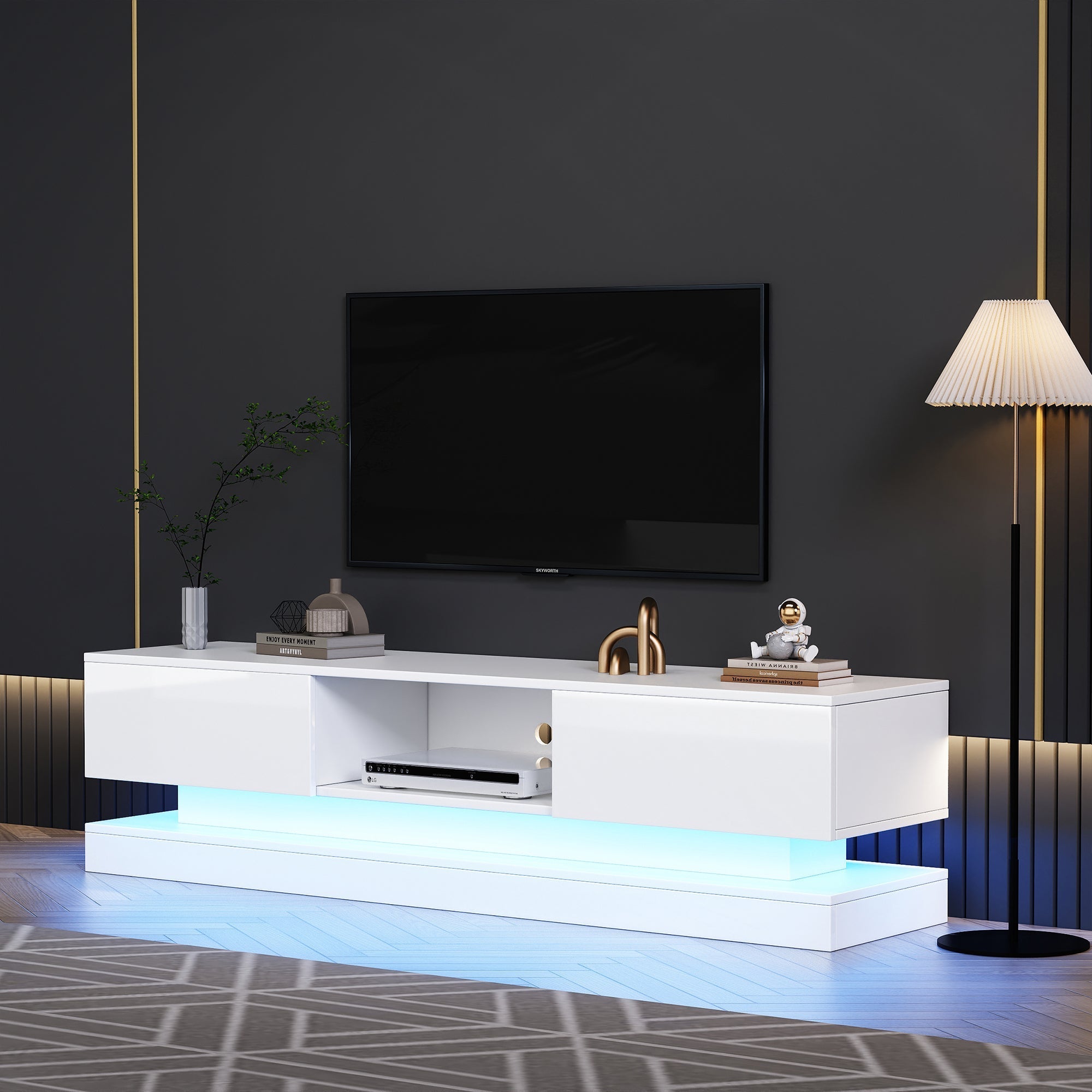 TV Stand 160 cm, with 16 Colour RGB LED Lights, High Gloss Front, 2 Drawers, 1 Open Storage Space, for 70-79 inch TVs, White