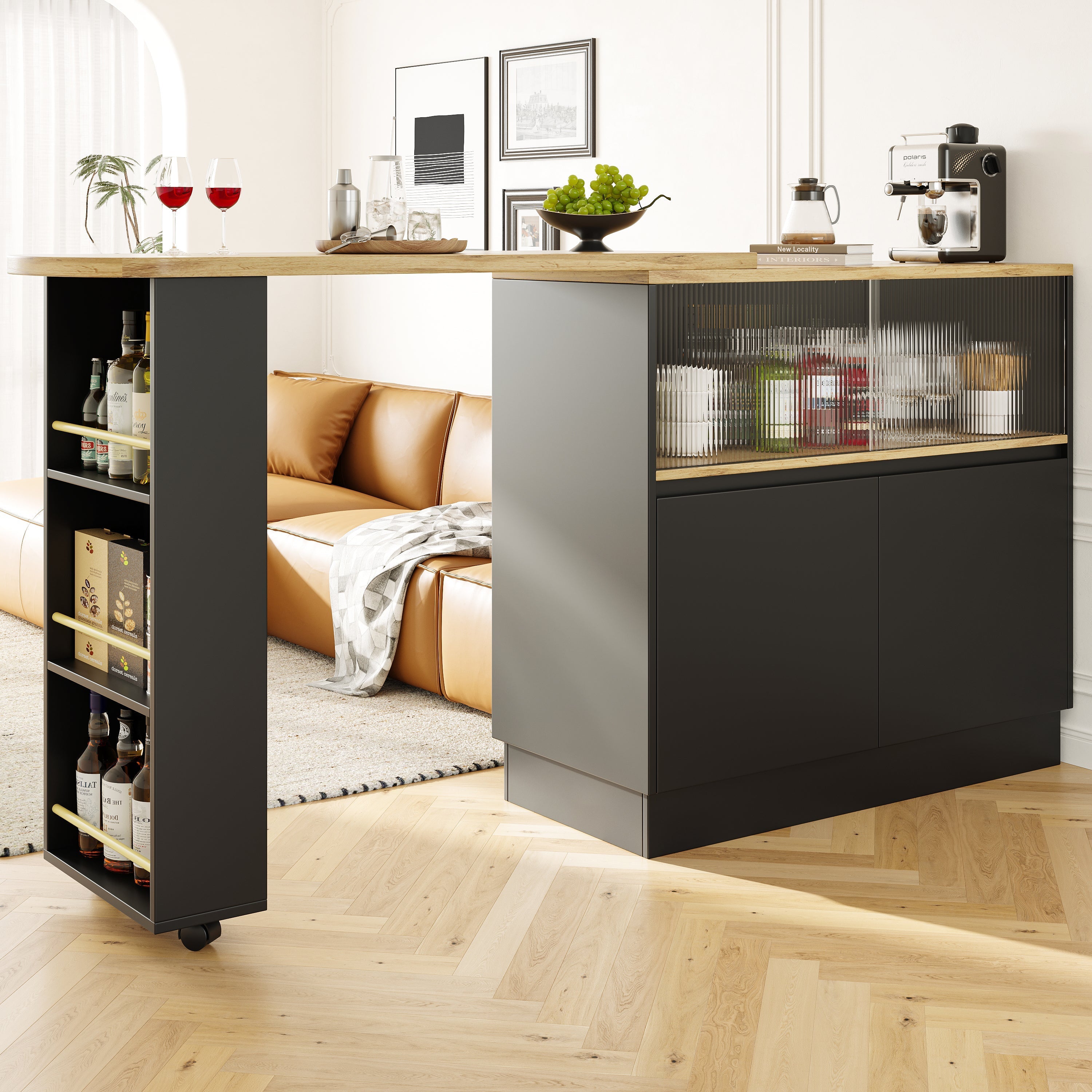 360¡ã Swivelling Dining Bar with Shelves and Glass, Multifunctional, Black