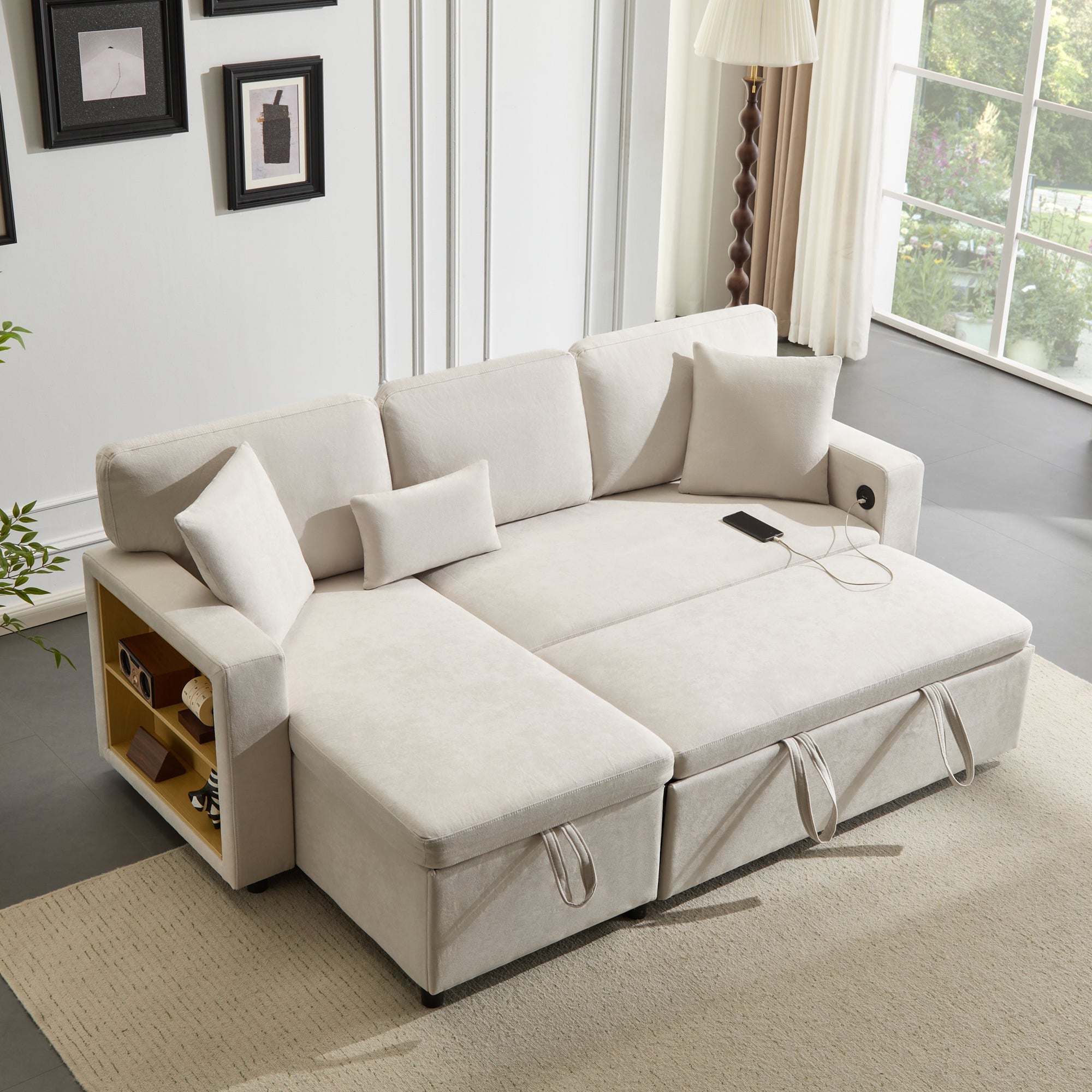 Corner Sofa Bed L-Shaped Extendable with Storage, Beige