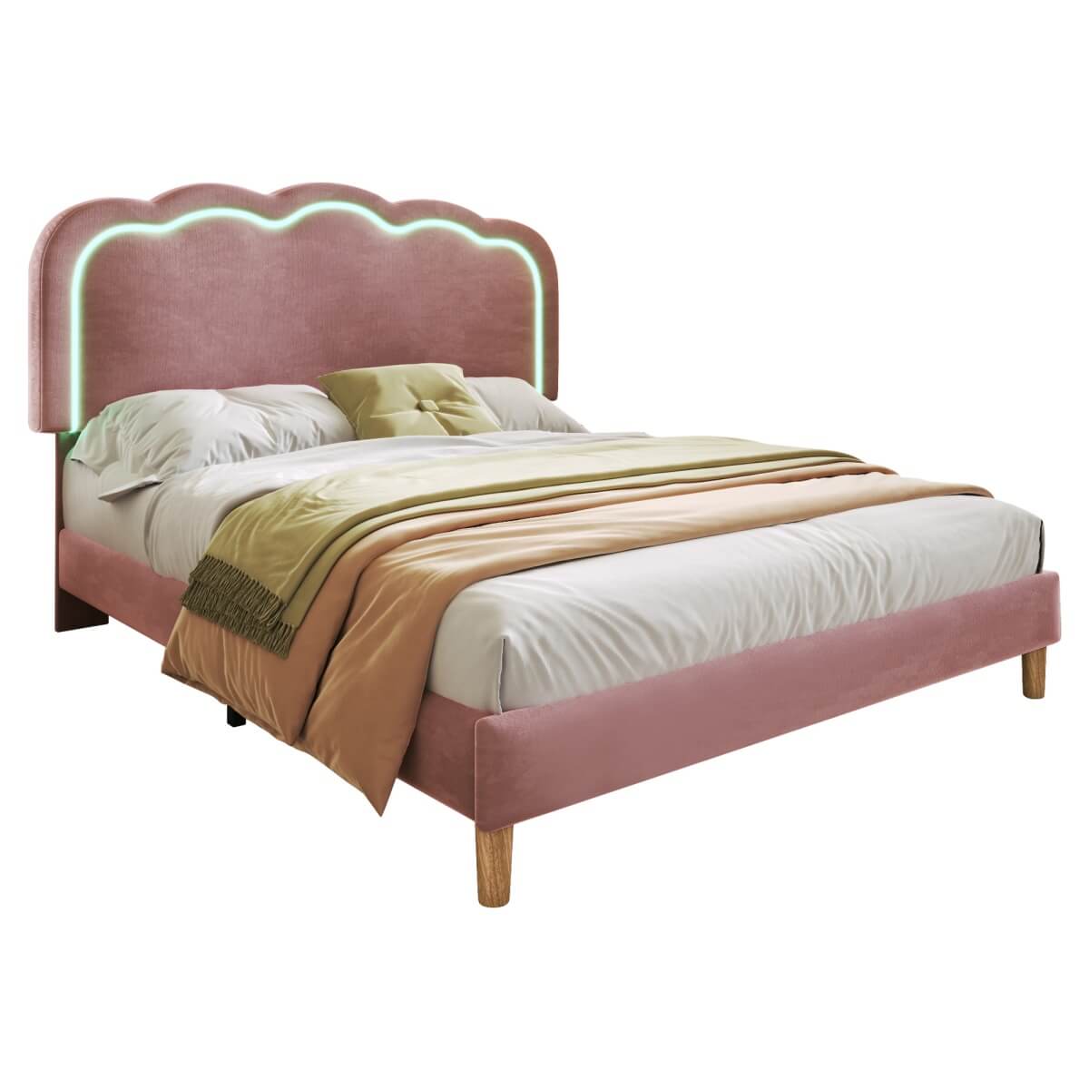 3ft Single Upholstered Bed with LED Lights - Velvet Bed Frame with Adjustable Headboard