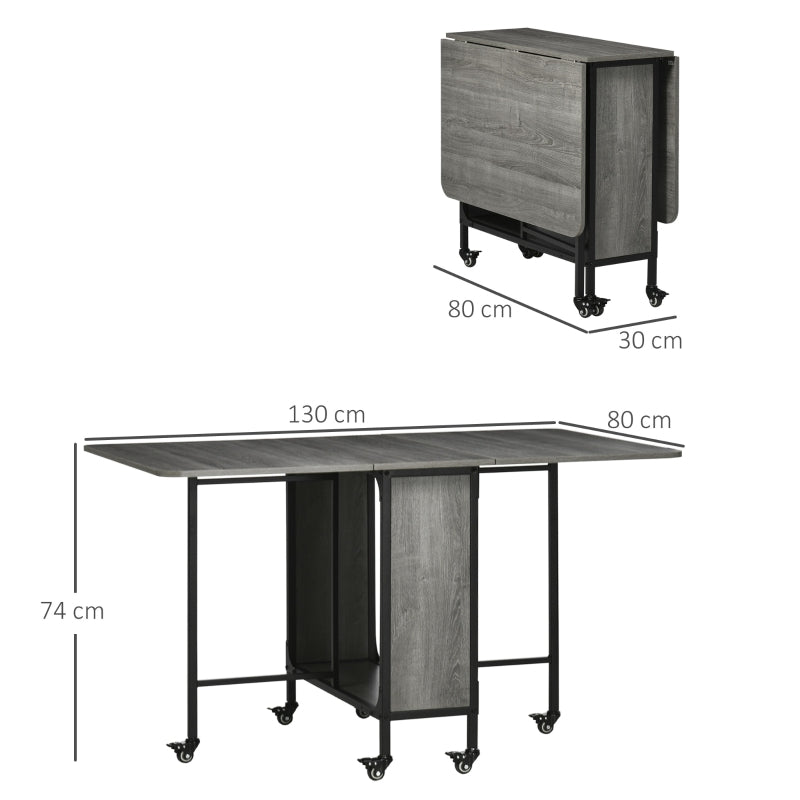 Mobile Drop Leaf Table Folding Extendable Dining Table with 6 Wheels and Storage Shelf