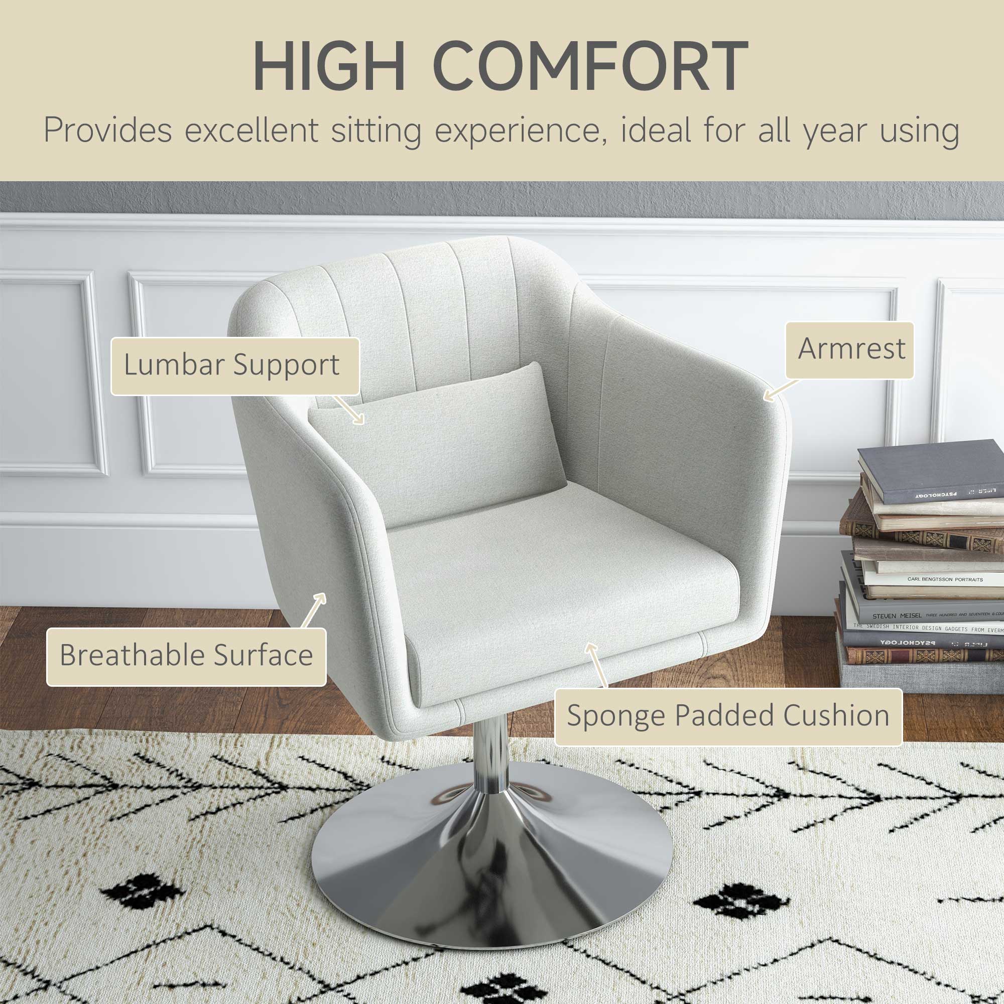 Modern Accent Chair with Swivel Base, Height Adjustable, Cream White