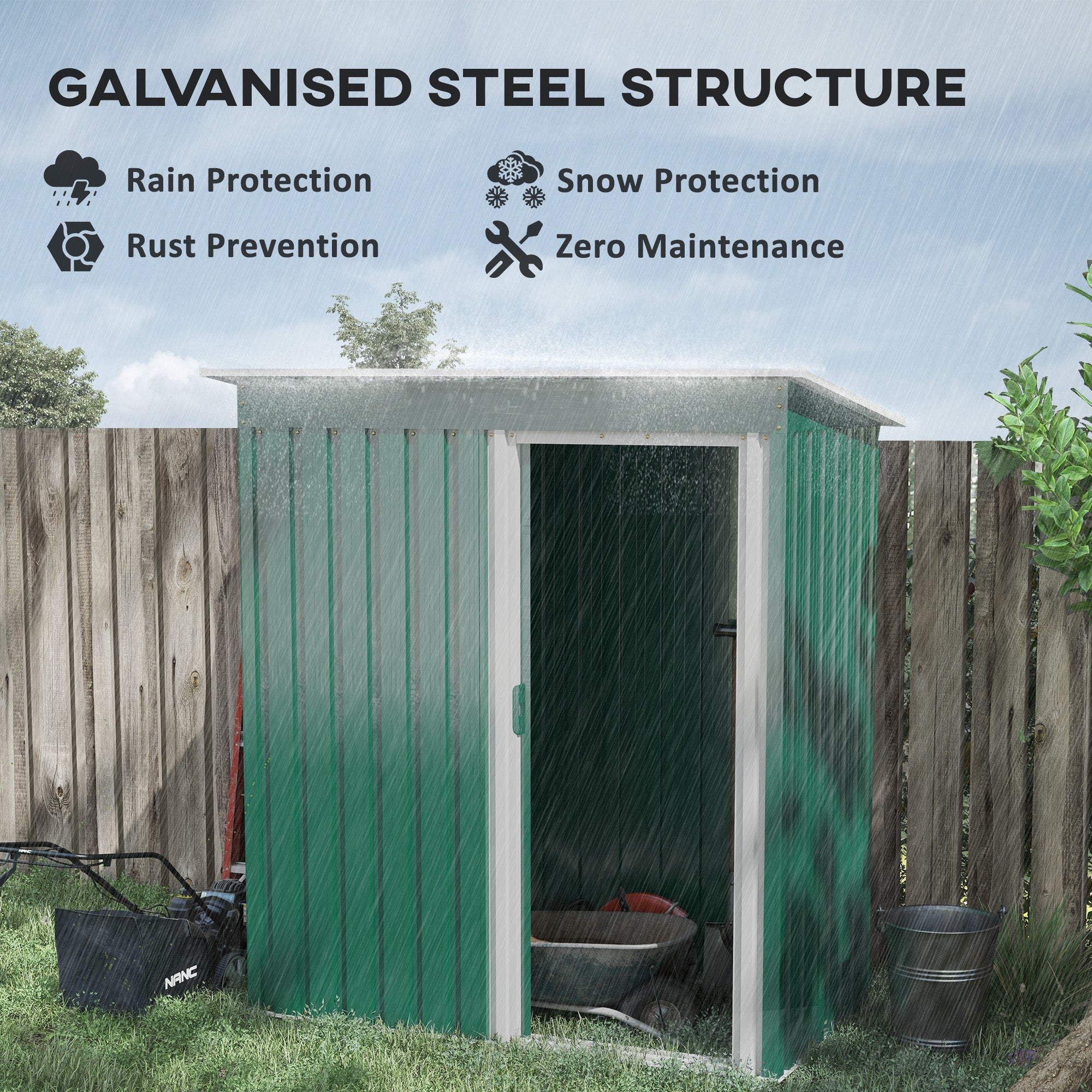 Garden Storage Shed with Sliding Door and Sloped Roof, Green