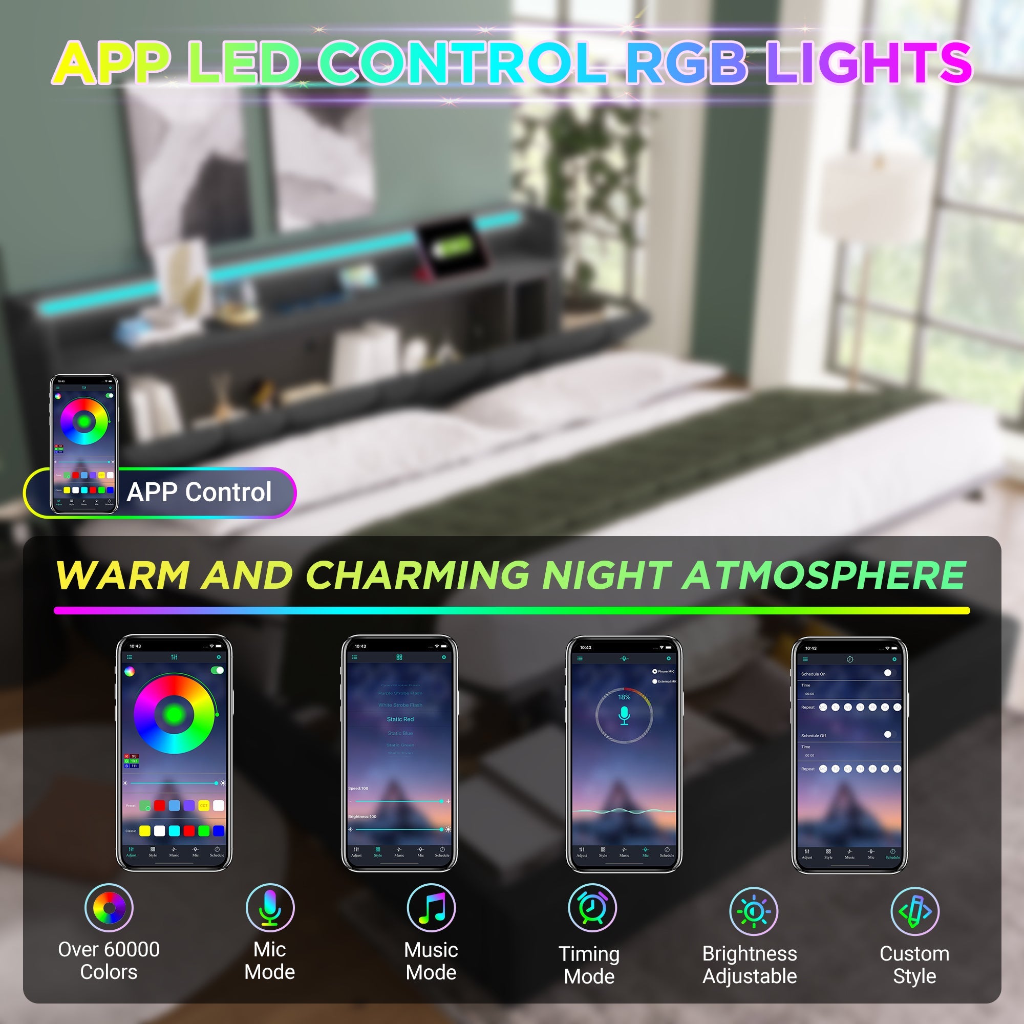 Upholstered Double Bed, USB Charging, Storage Headboard, LED Lighting, 5ft King Size, Grey