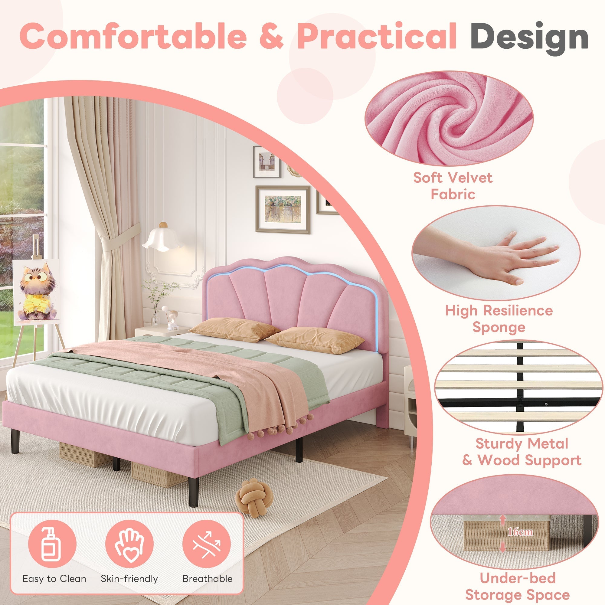 4ft6 Double Upholstered Bed with LED Adjustable Shell Headboard, Soft Velvet, Pink