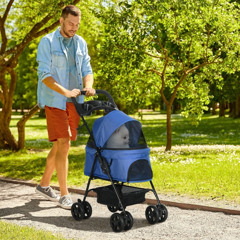 Pet Stroller Dog Cat Travel Pushchair with EVA Wheels, One-Click Fold, Blue