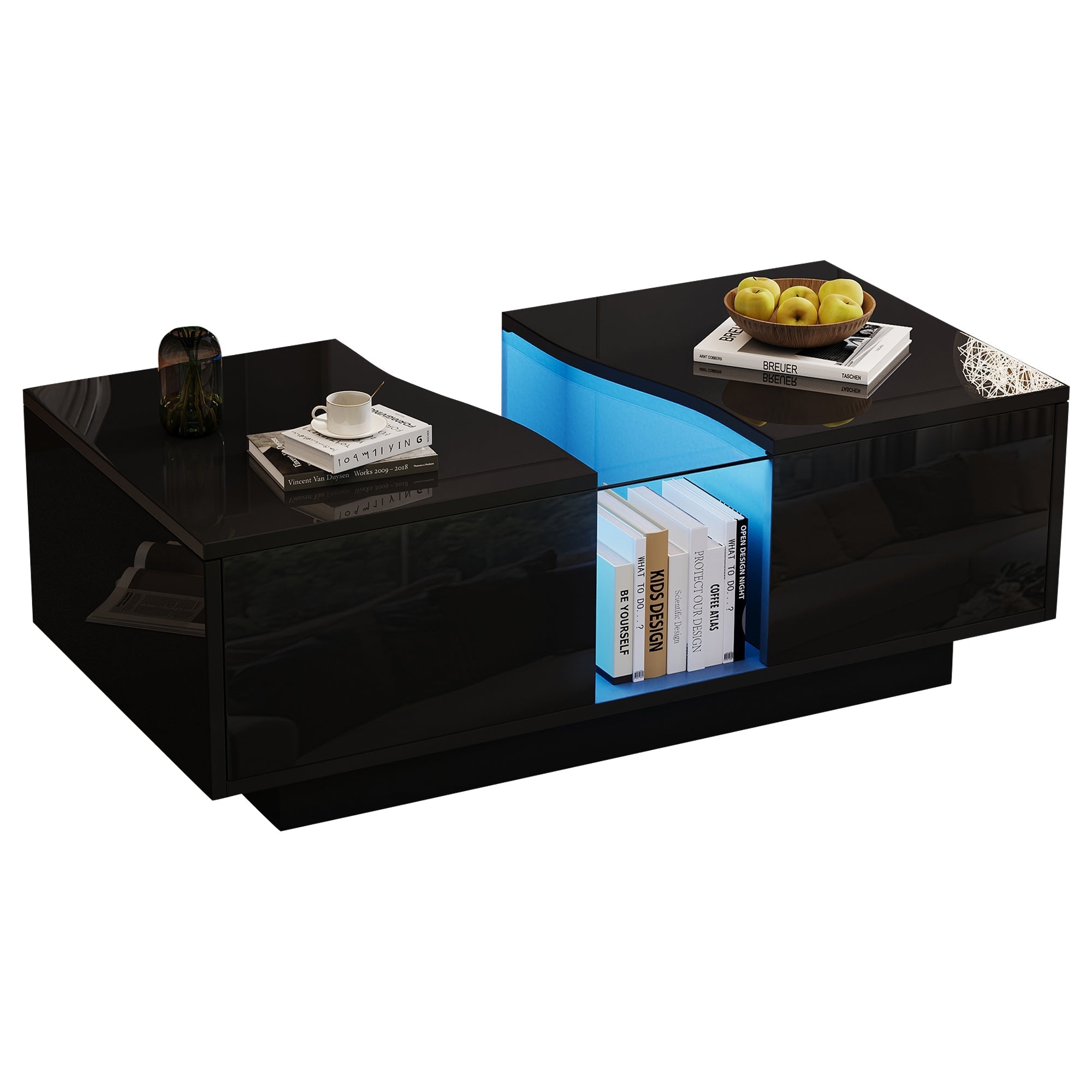 Led Coffee Table with 2 Drawer Storage, High Gloss Coffee Table for Living Room Unique Shape Centre Table with 16-Color Led Lights,End Table for Home Office Furniture, Black