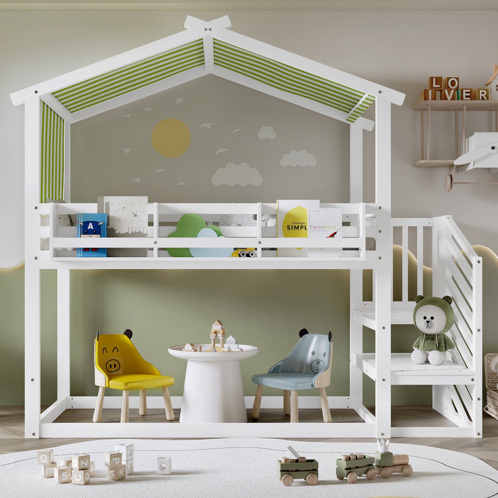 Bunk Bed with Decorative Canopy, Corner Staircase & Picture Bookshelf, 3ft 90x190cm, MDF Pinewood Plywood, White + Green