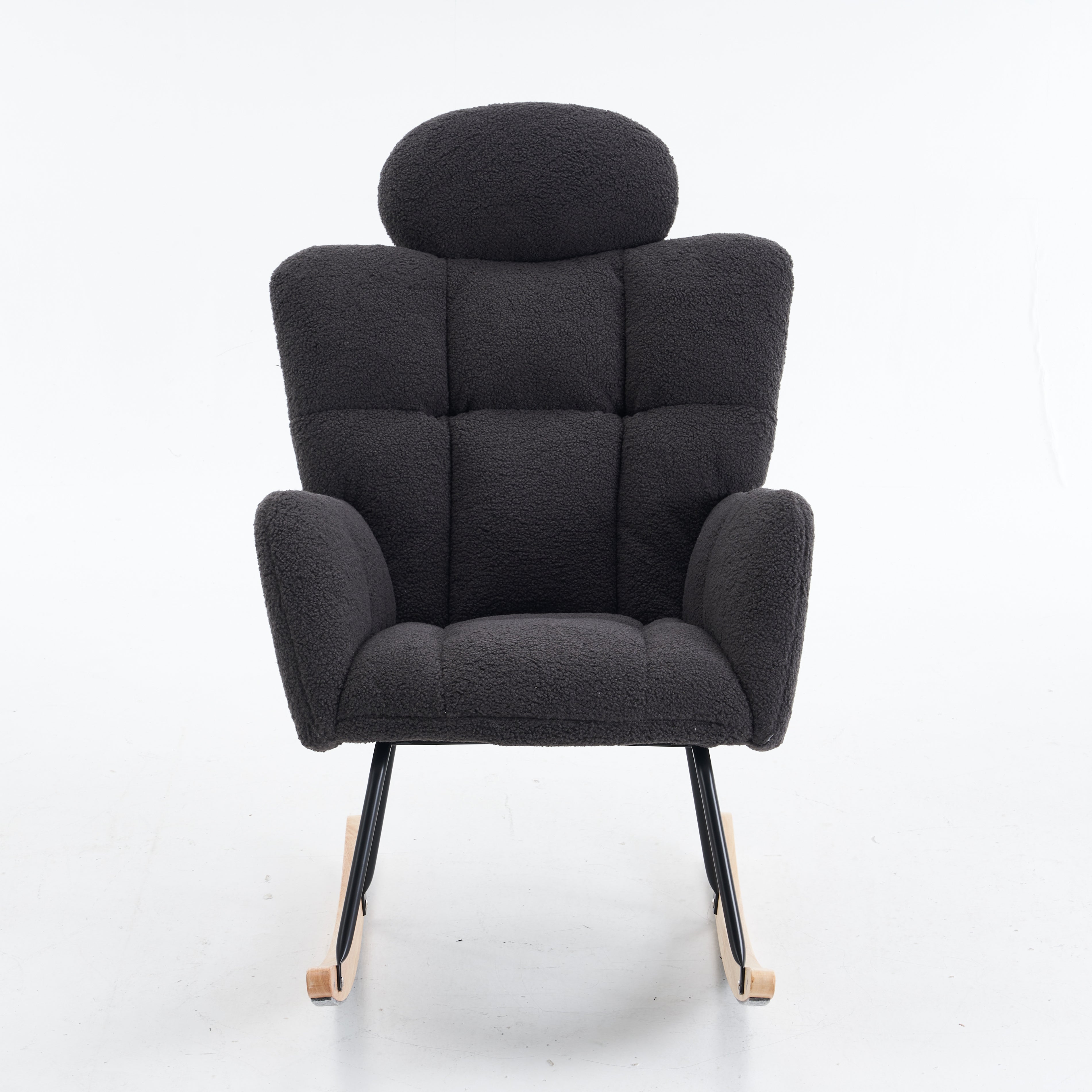 Soft Teddy Fabric Rocking Chair with Padded Seat and Headrest, Dark Grey