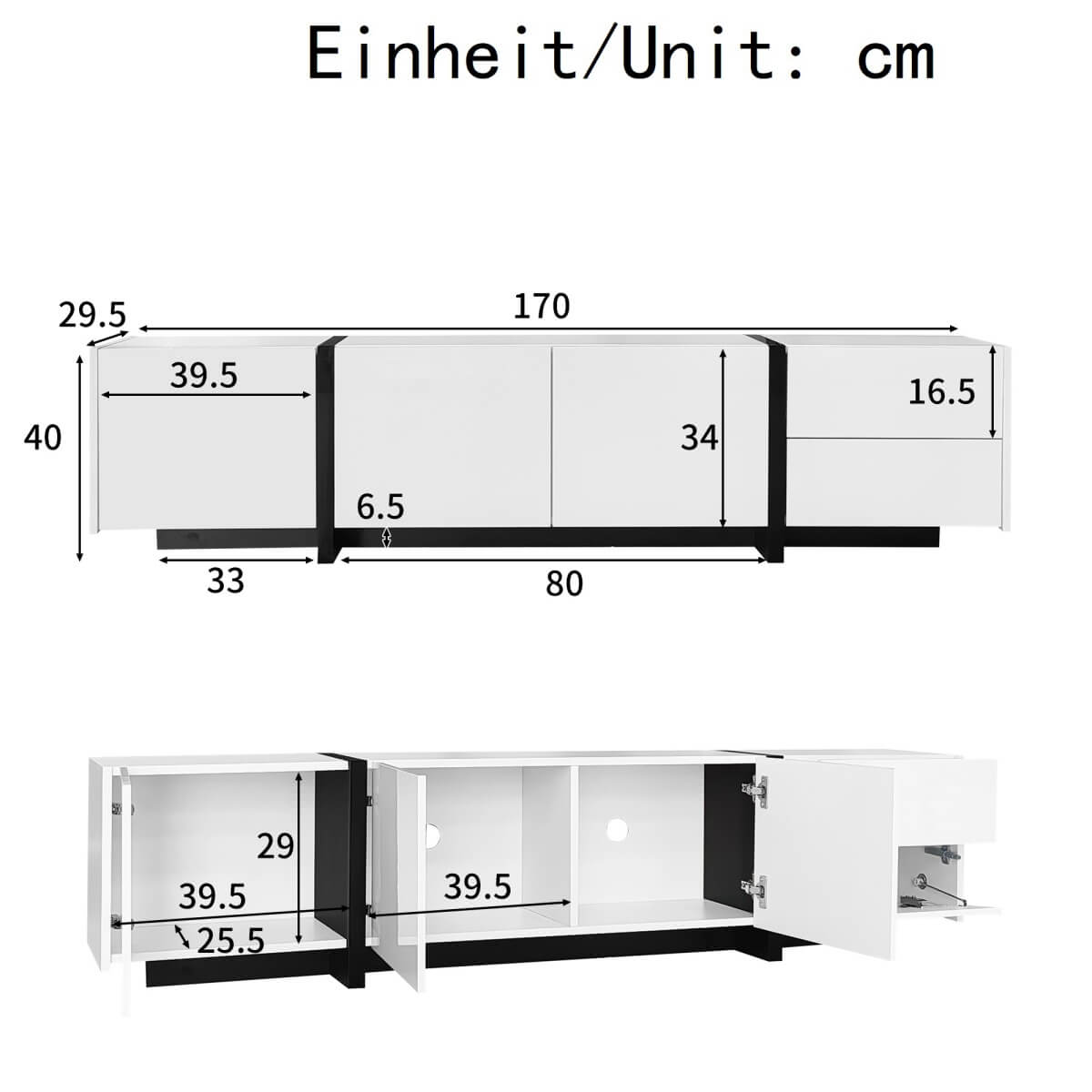 White High-Gloss TV Cabinet - Black Legs with Storage Doors & Drawers