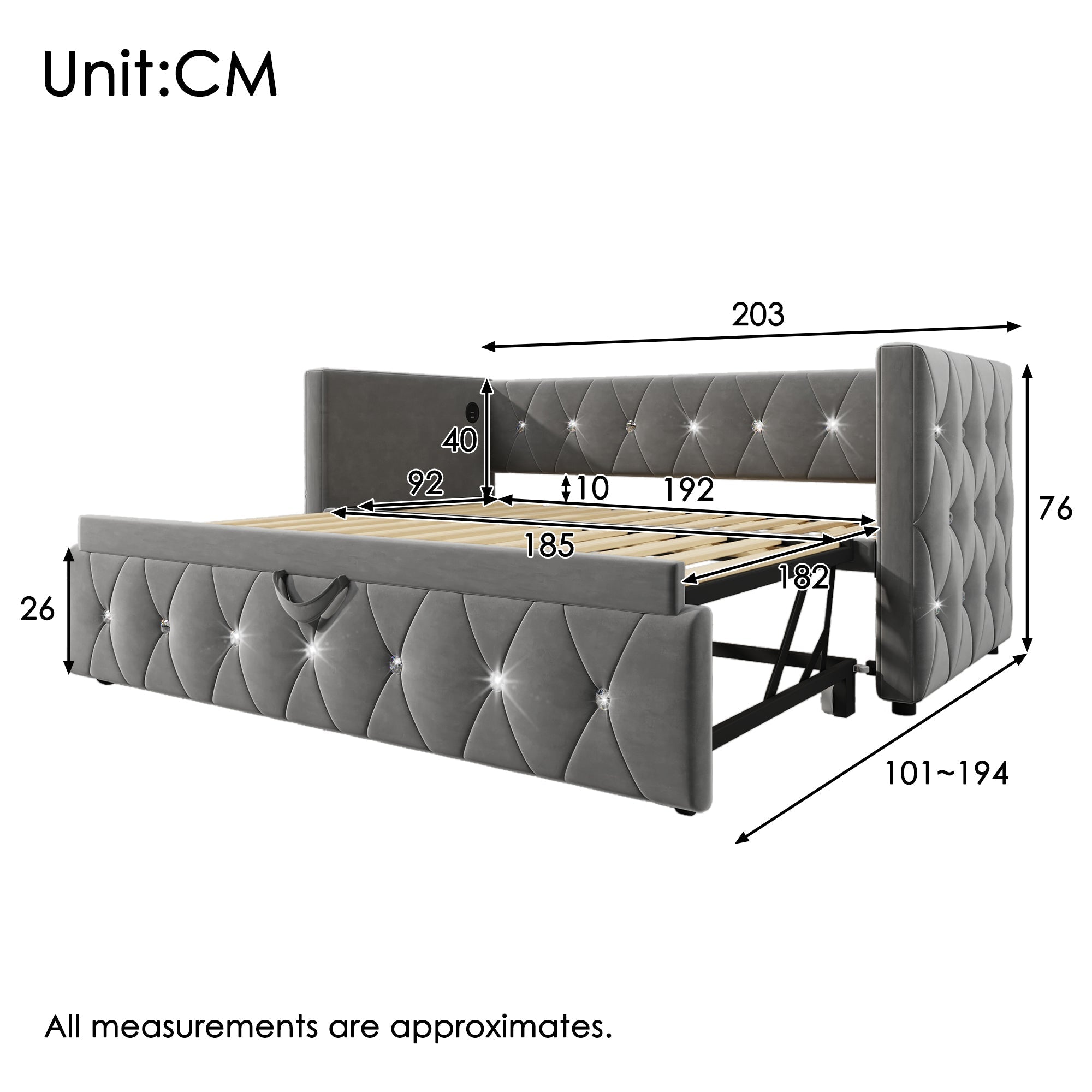Daybed Single Upholstered Sofa Bed with USB & Type C Charging Station, 3FT 90 x 190 cm with Pull Out Trundle, Velvet Grey