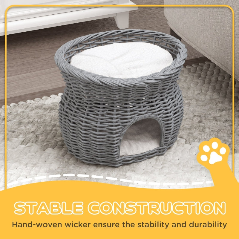 2-Tier Cat House Elevated Pet Bed, Willow Wicker with Washable Cushions, Grey