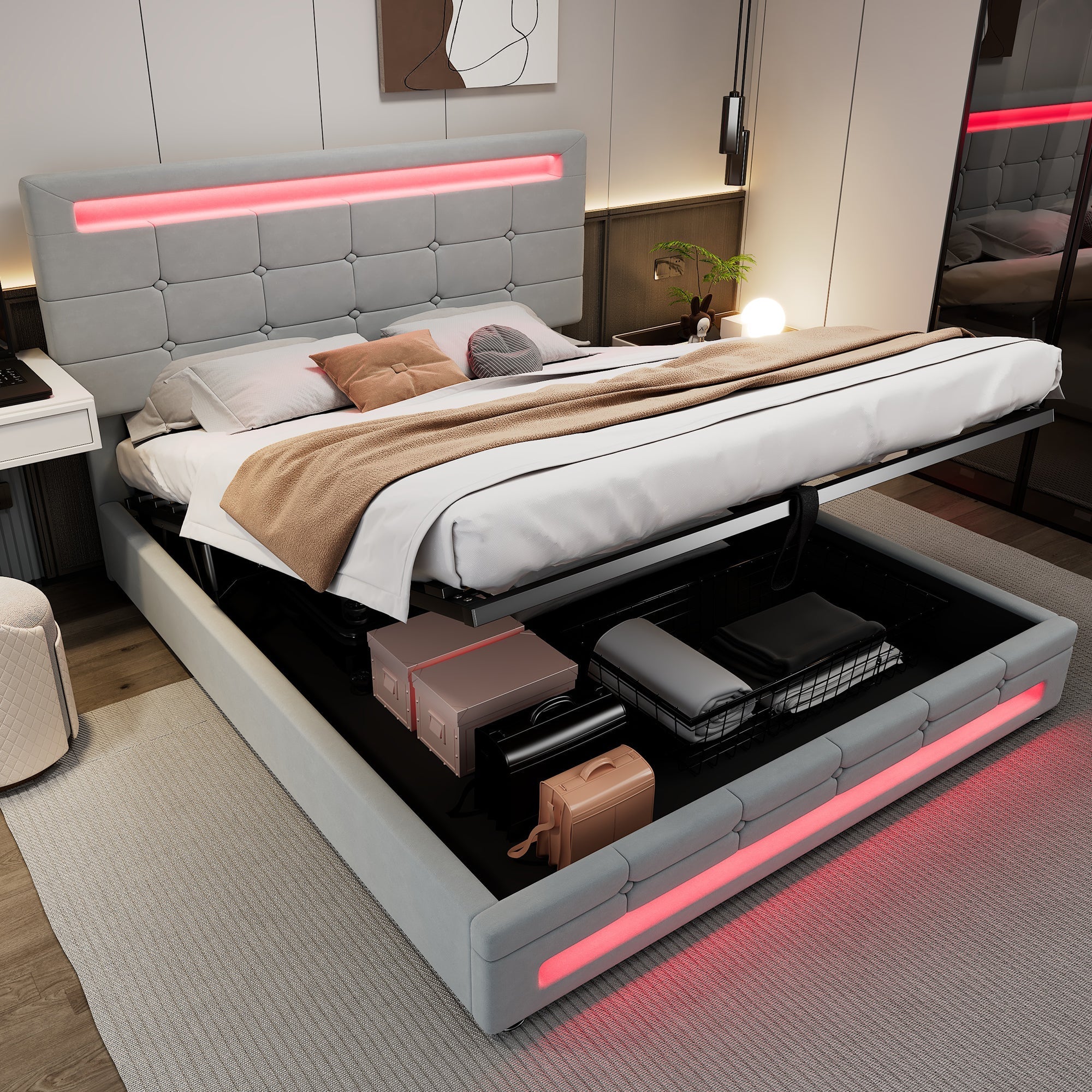 Upholstered Hydraulic Bed, 4ft6 Double 135x190cm with Square Embellishment and 7-Color LED Strips, Grey Velvet+Iron