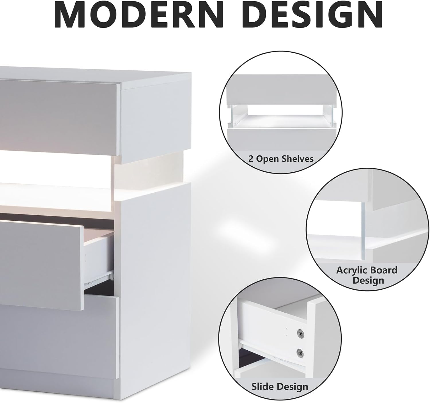 LED Nightstands: Acrylic Board LED Bedside Tables with 3 Drawer Dresser, White