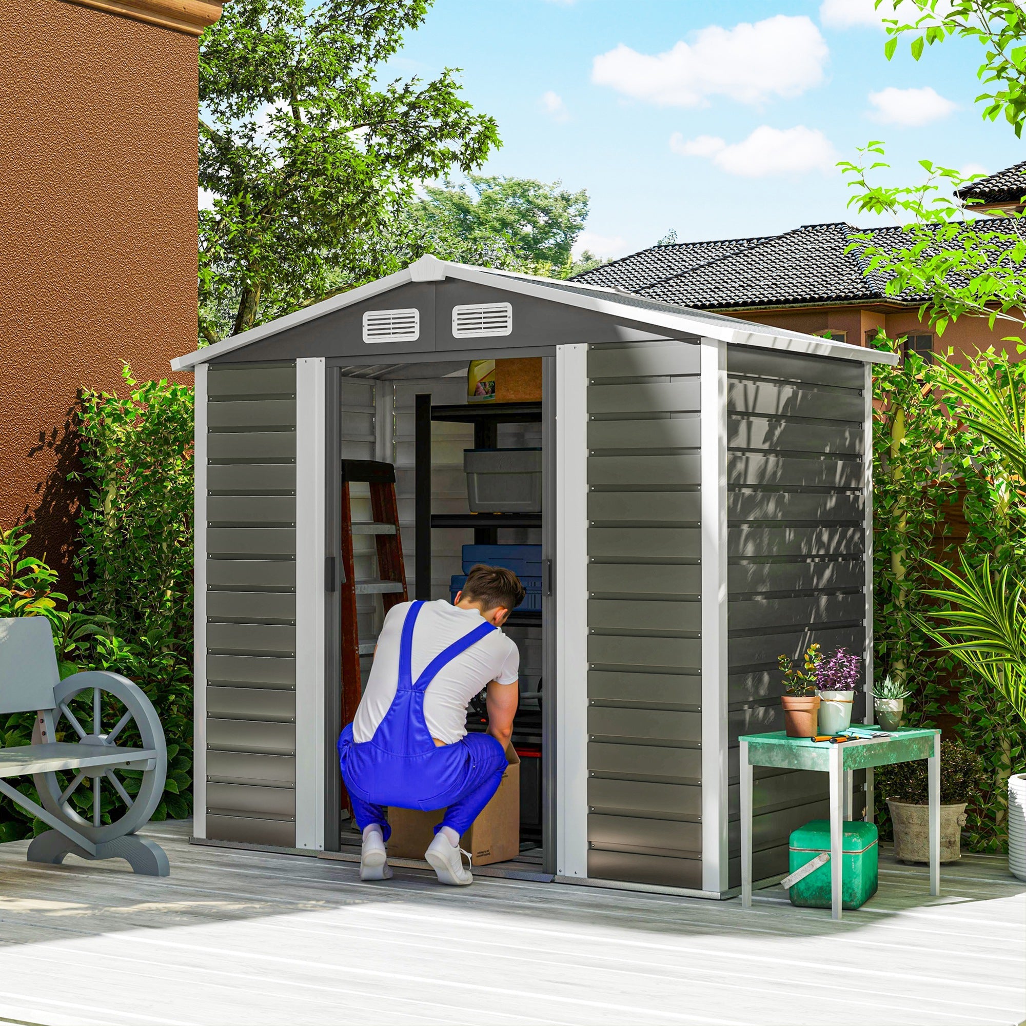 Garden Shed 7x4ft, Easy Assemble, Galvanised Steel Frame, Double Doors, Dark Grey