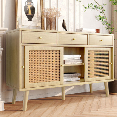Modern Retro Rattan Sideboard with 3 Drawers and Wooden Frame