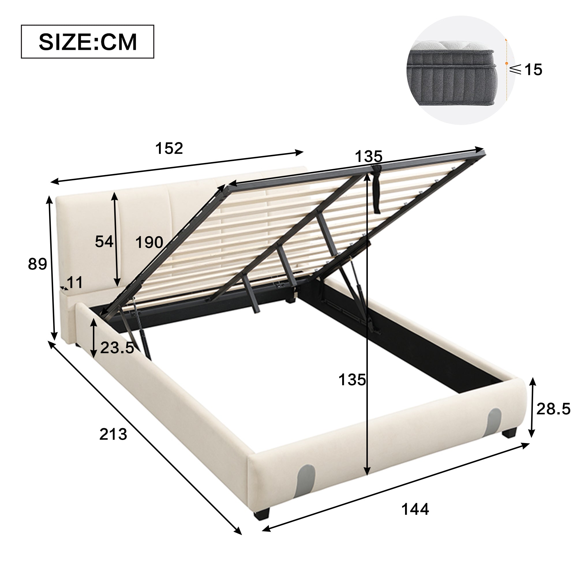 Upholstered Hydraulic Bed for Adults and Teenagers with Under-Bed Storage and Soft Headboard, White Velvet