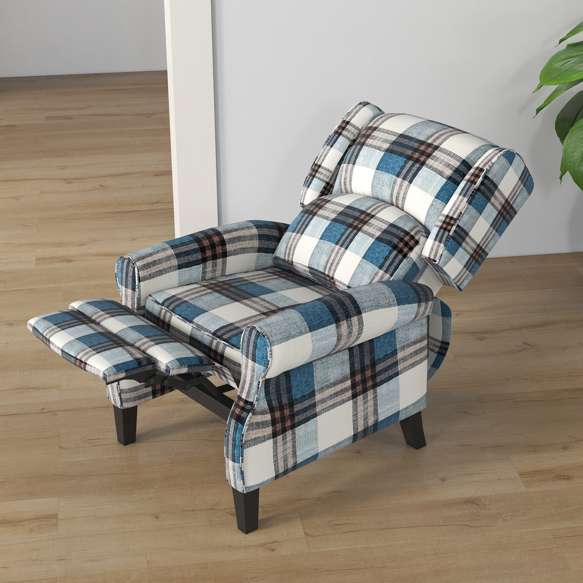 Wingback Reclining Chair Push Back Armchair with Footrest Wood Legs Blue