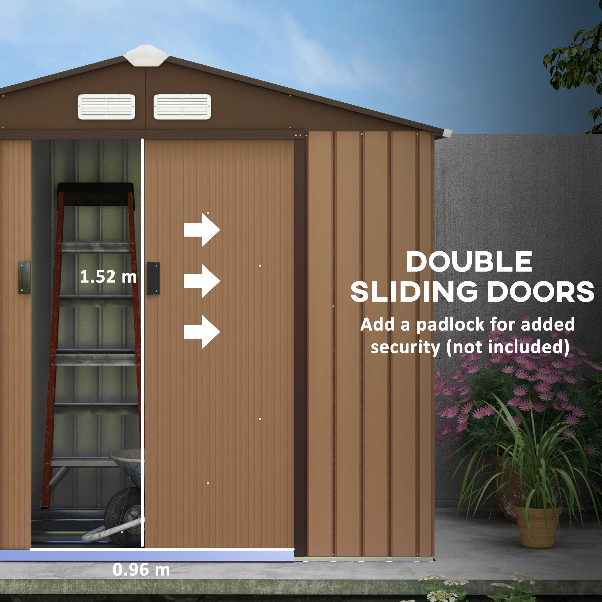 Metal Garden Tool Storage Shed, 7 x 4ft Lockable with Foundation and Vents, Light Brown