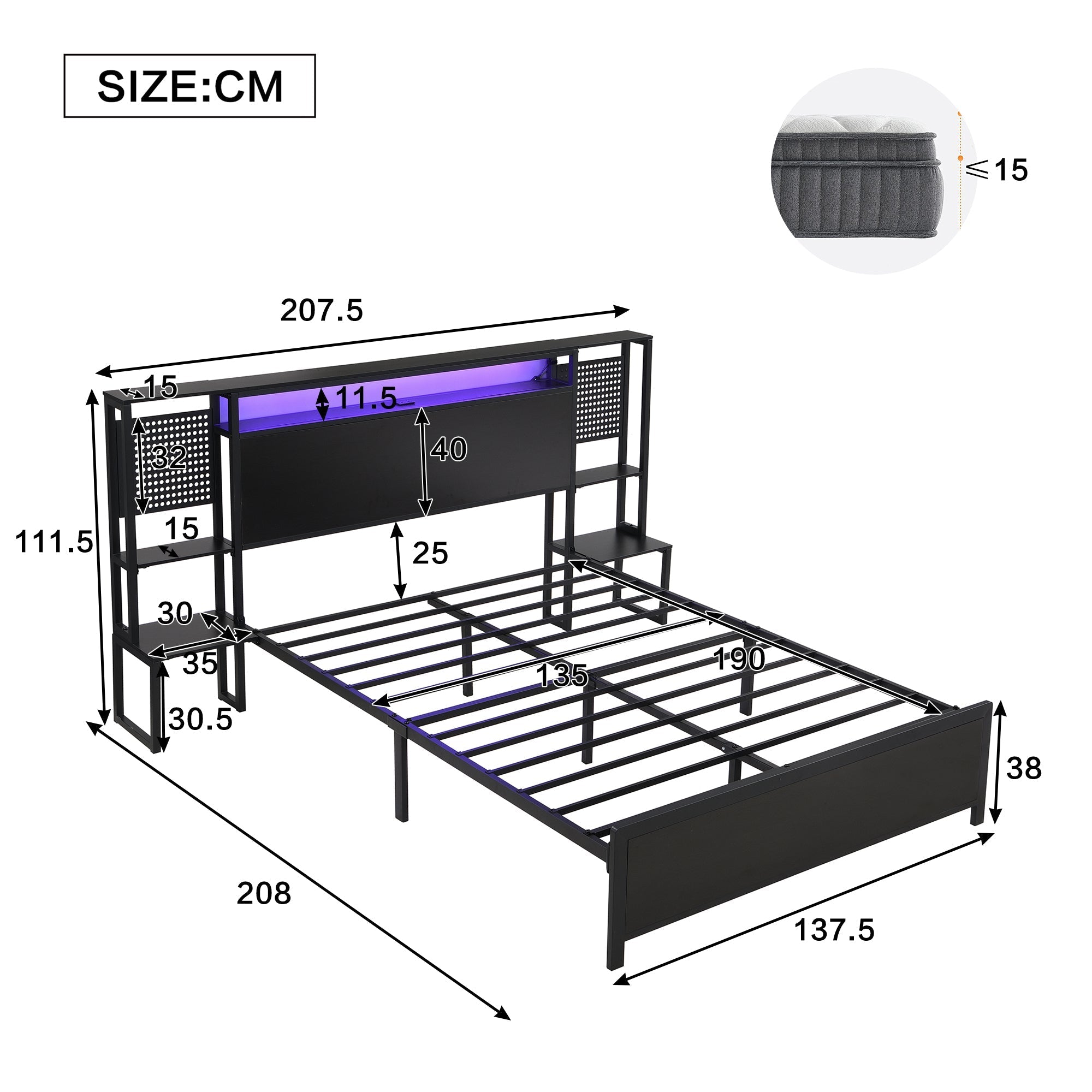 Metal Iron Bed 4ft6 Double 135x190cm with LED Lights & Charging Ports (2A/1C), One-Piece Bedside Table, Black
