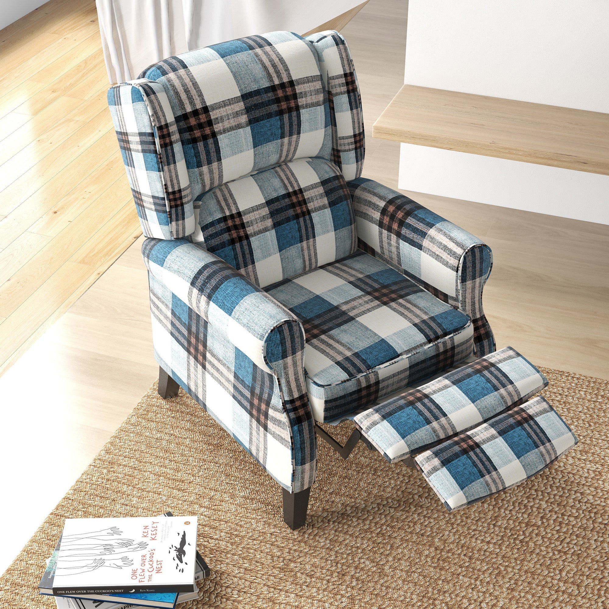 Wingback Reclining Chair Push Back Armchair with Footrest Wood Legs Blue