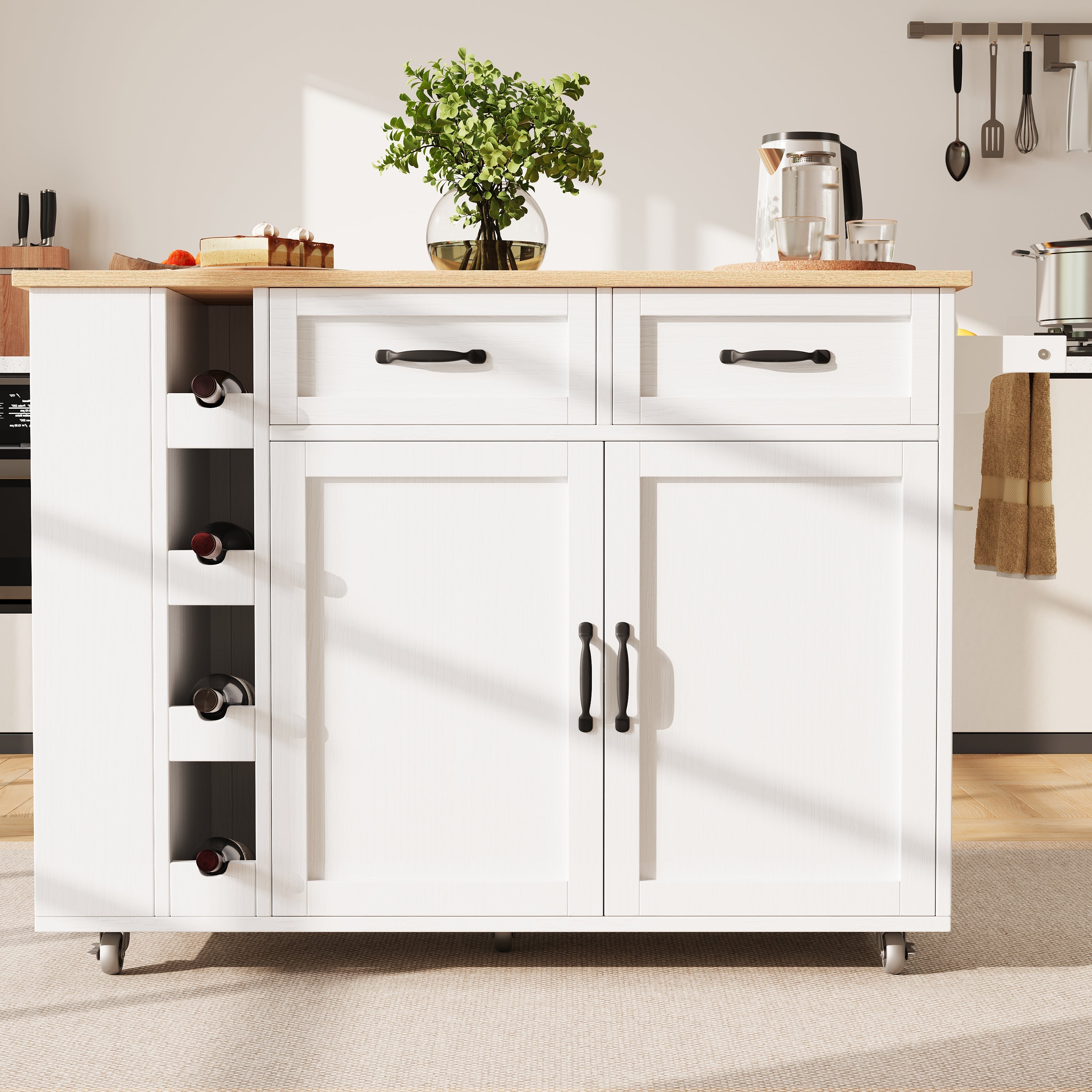 Kitchen Island with Power Strip and Wine Rack, White Wood Grain