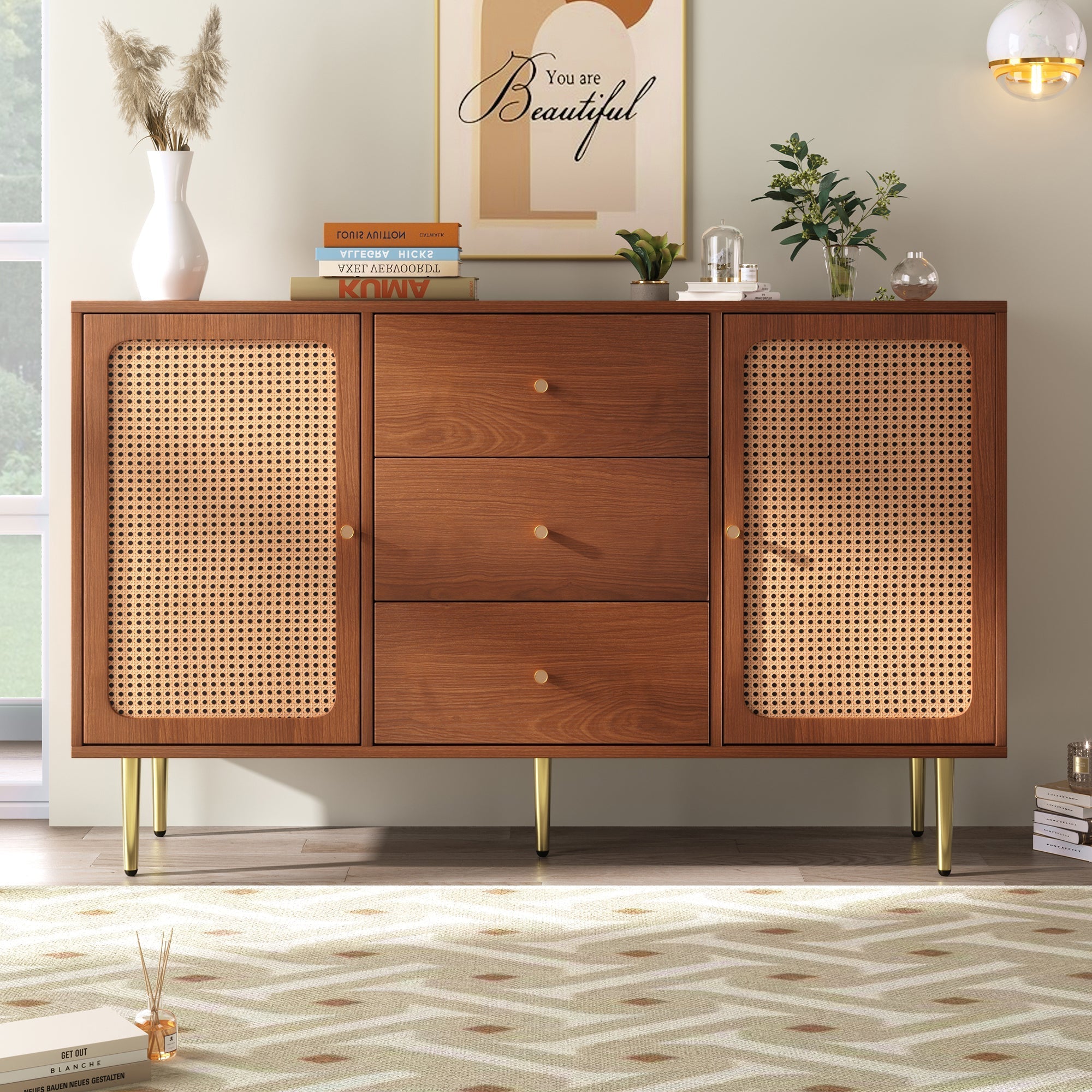 Rattan Sideboard Cabinet for Living Room, Chest of Drawers with 2 Doors and 3 Drawers, Adjustable Shelf, Walnut