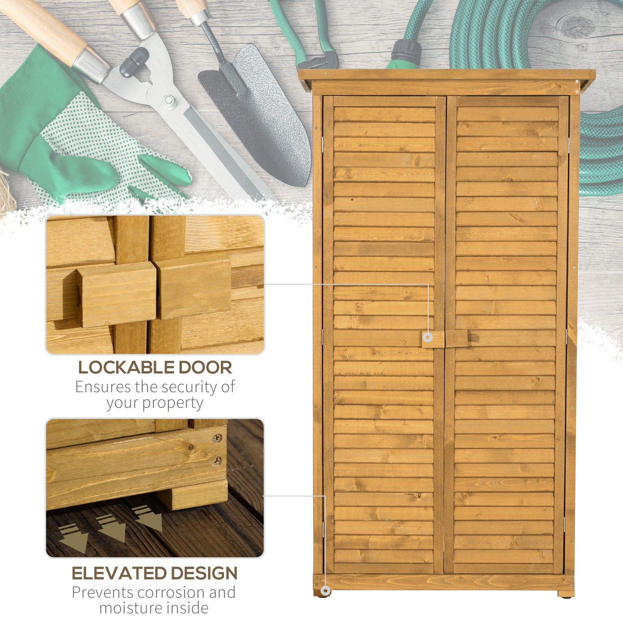 Wooden Garden Storage Shed, Compact Utility Sentry Unit, 3-Tier Shelves Tool Cabinet, Asphalt Roof