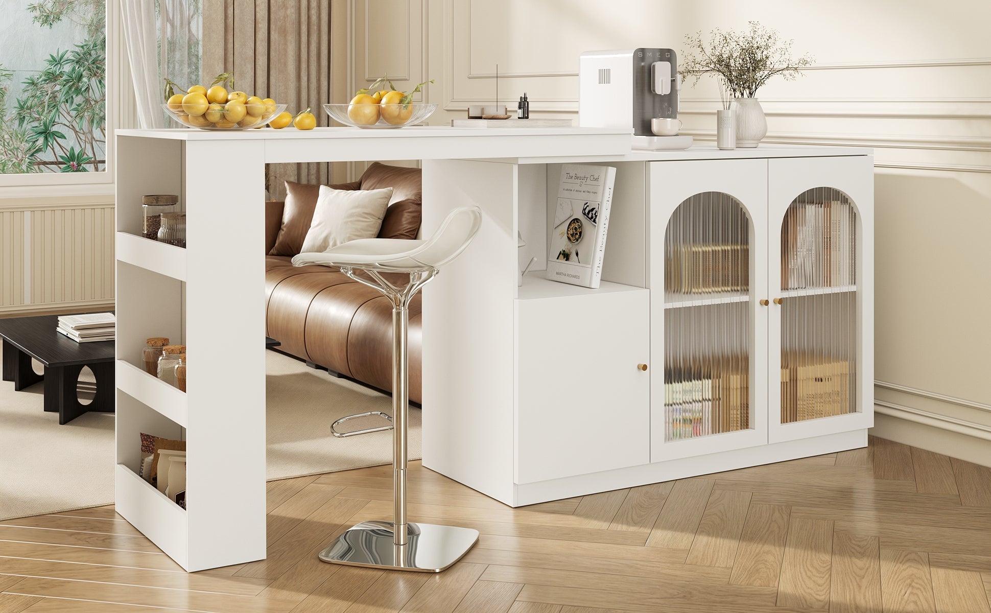 Bar Table, 360¡ã Rotating Dining & Storage Cabinet with Glass Door, White