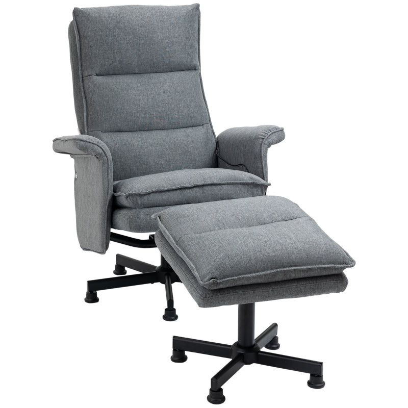 Swivel Recliner Chair and Footstool with Massage, Timer, Steel Base, Upholstered Grey