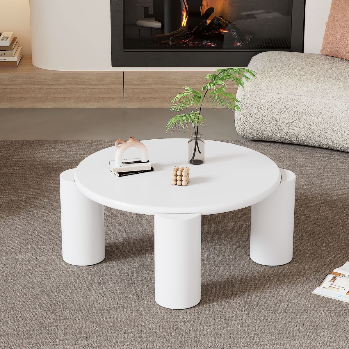 White Round Coffee Table – Modern Painted Wooden Tea Table with 4 Legs for Living Room, Bedroom or Apartment