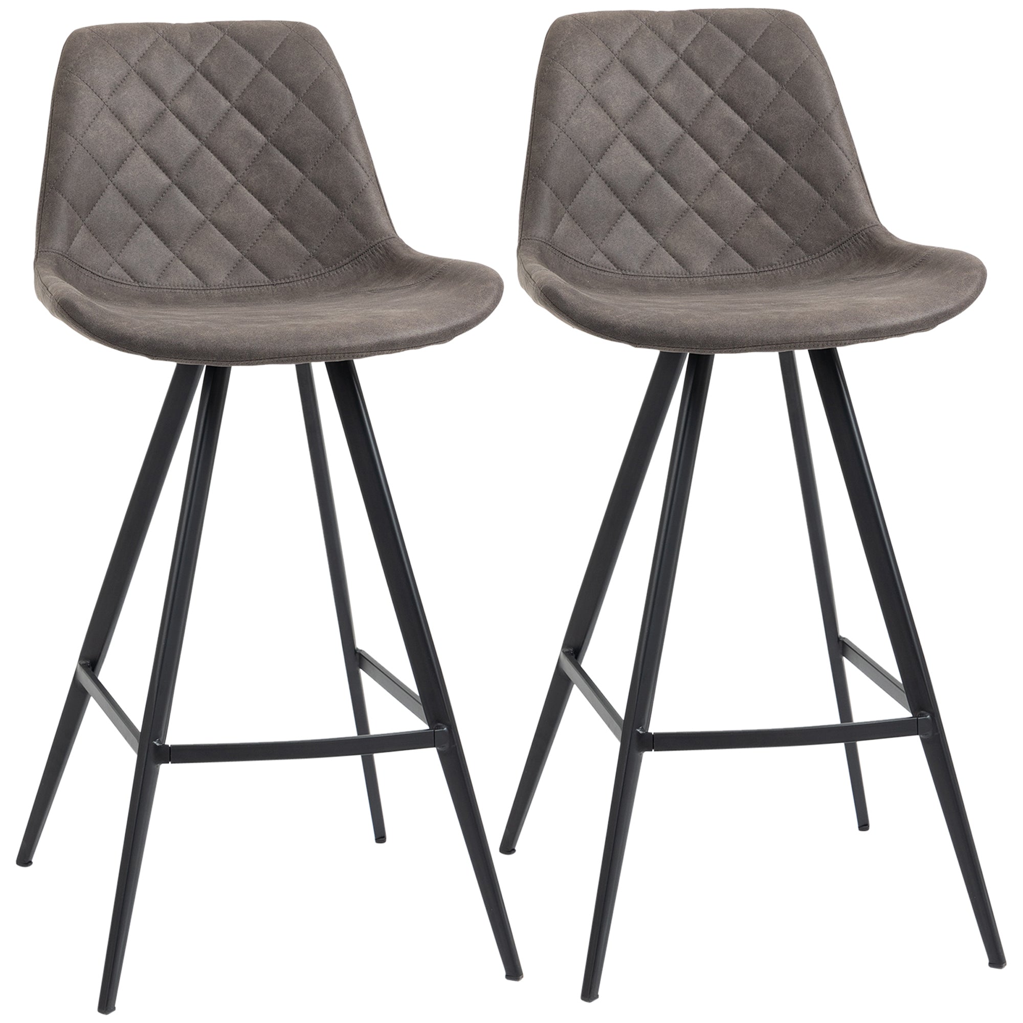 Set Of 2 Bar Stools, Padded Steel Frame Tub Seats, Dark Grey Microfiber Cloth