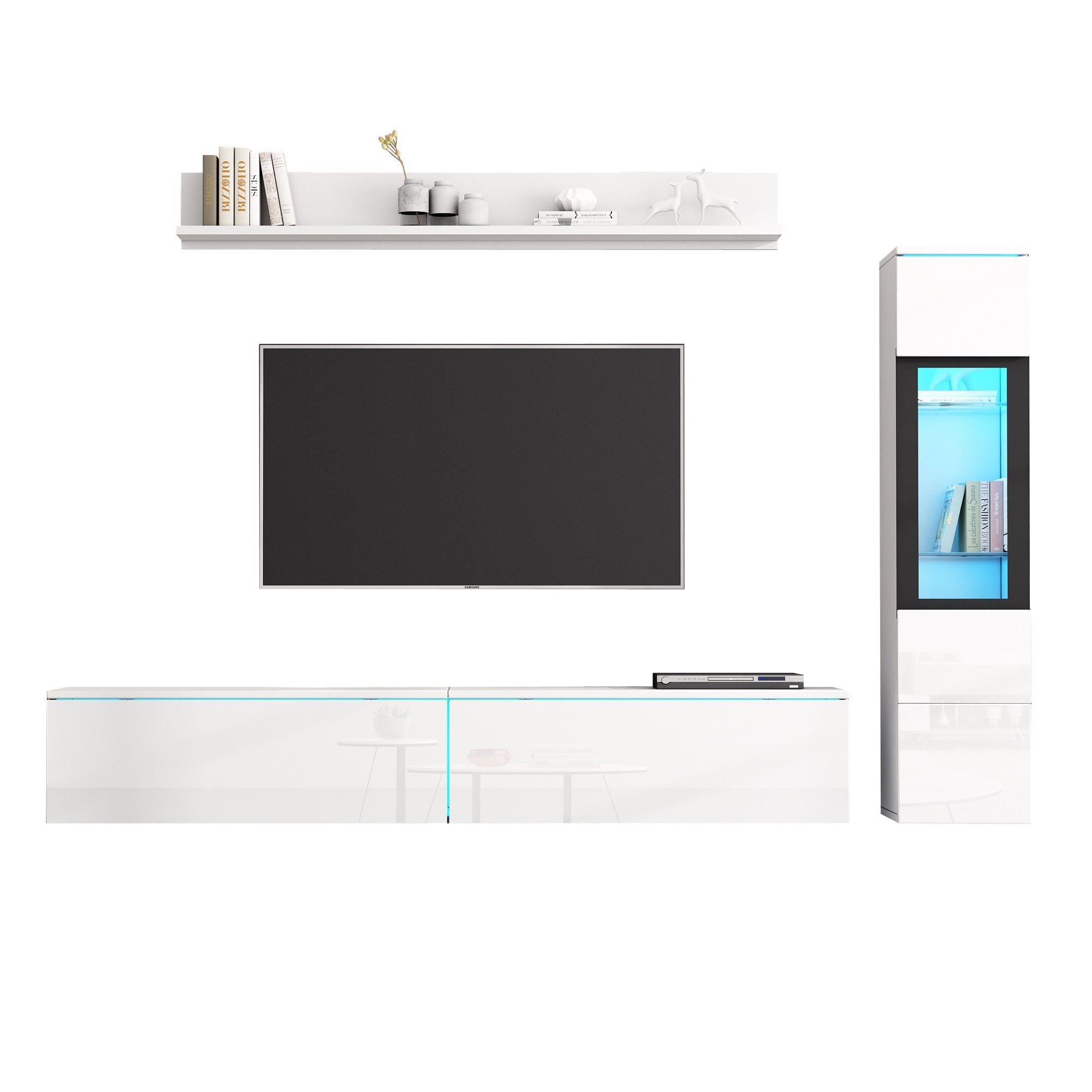 Set of 3 TV Wall Unit, LED TV Stand & Display Cabinet, High Gloss White