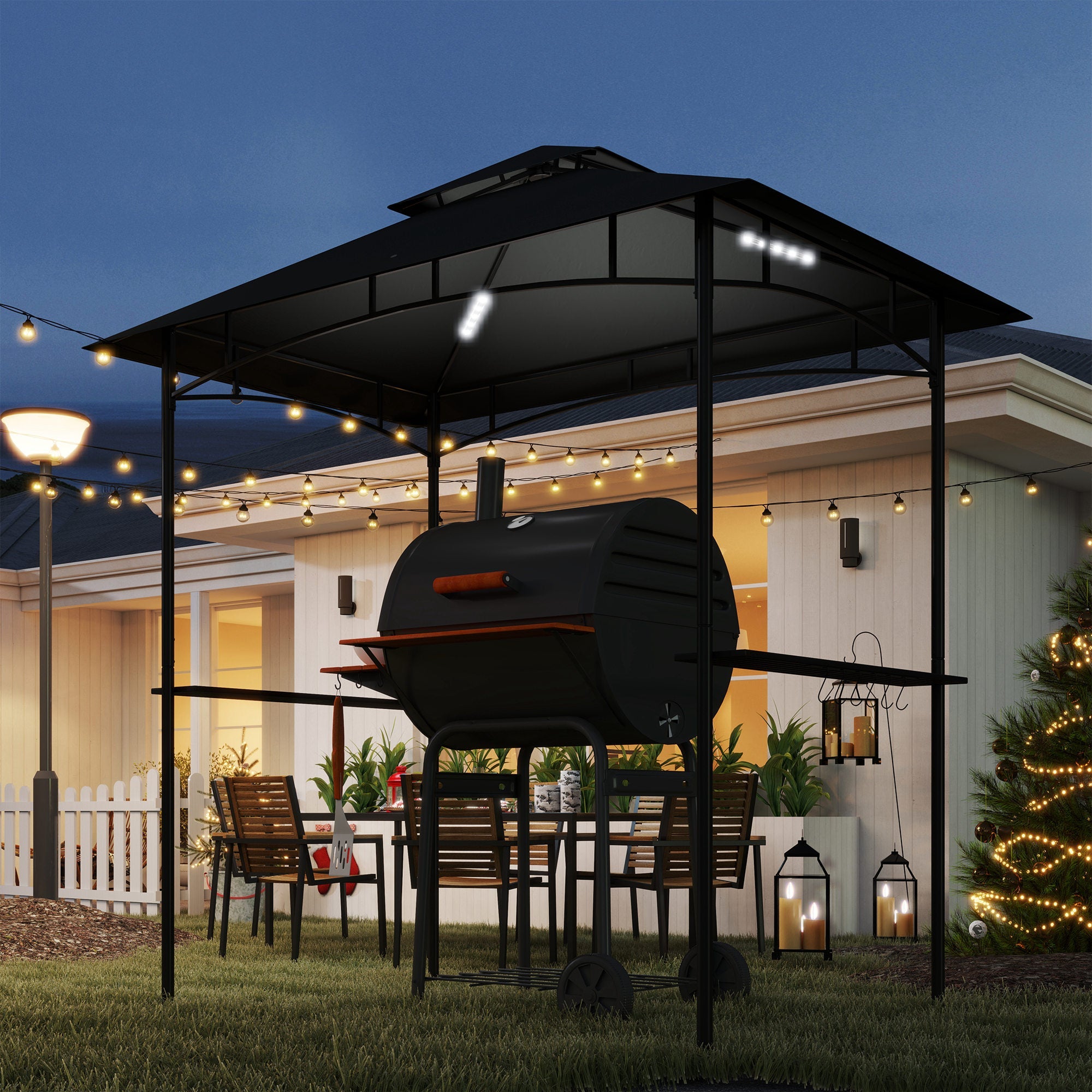 Grill Gazebo, Double Tiered BBQ Shelter Canopy with LED Lights, 2 Side Shelves, Hooks, Dark Grey