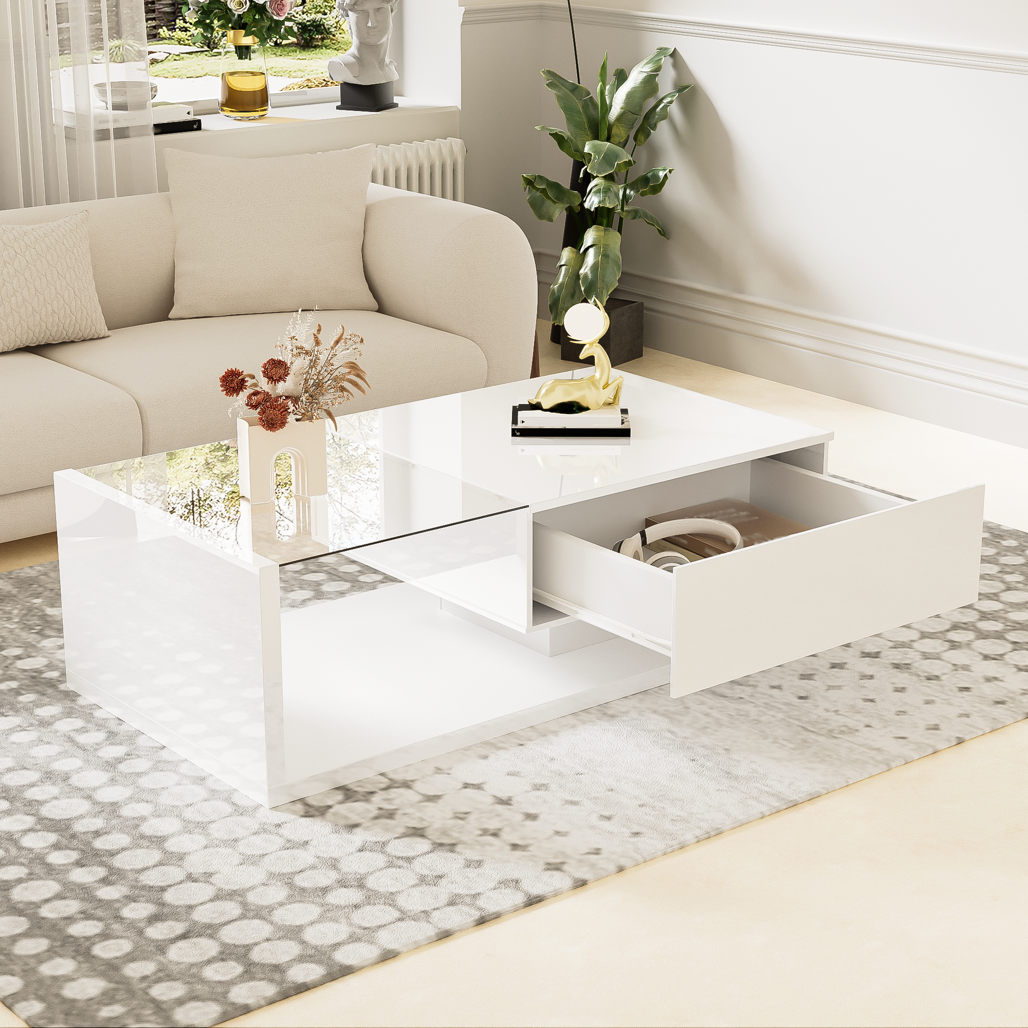 Coffee table, high-gloss white. Side tables, coffee tables with glass and LED