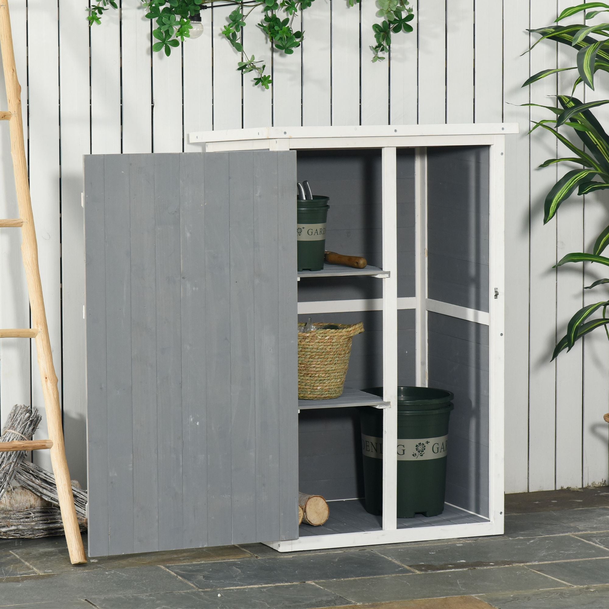 Wooden Small Shed, Garden Storage with Shelves and Bolt Latch, Grey