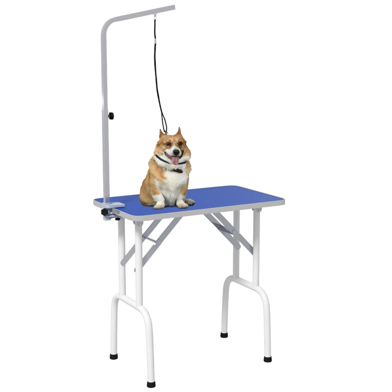 Dog Grooming Table, Foldable Adjustable Fixed Arm Rubber Top, Blue