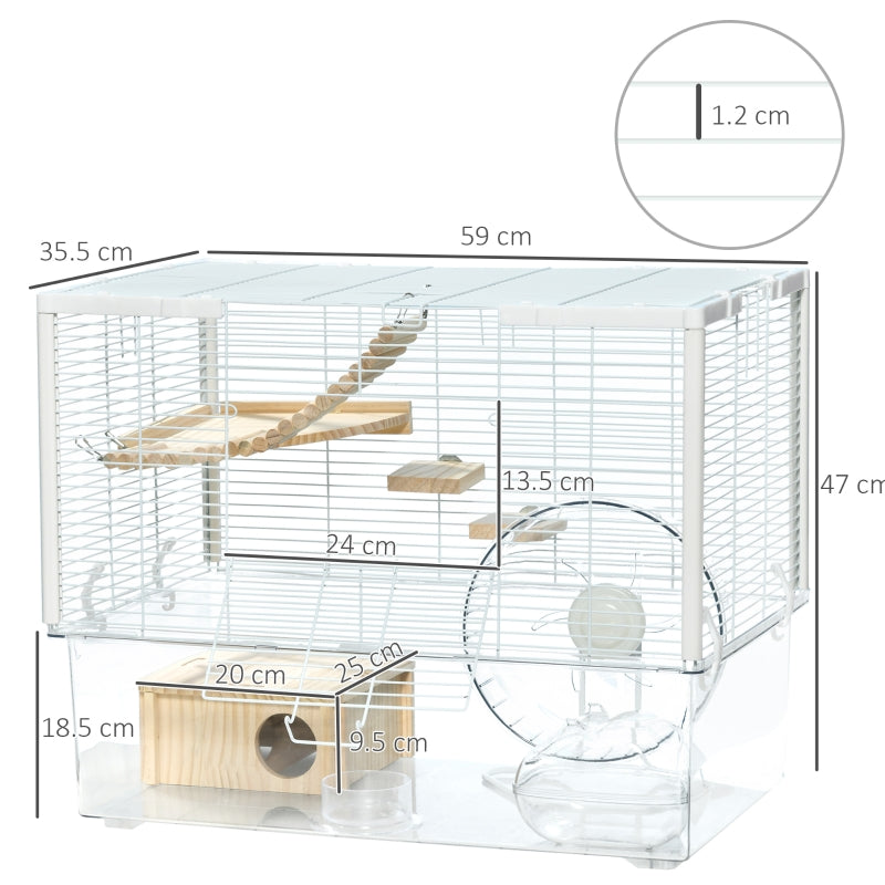Hamster/Gerbil Cage with Wooden Ramp, Exercise Wheel, Food Bowl - White