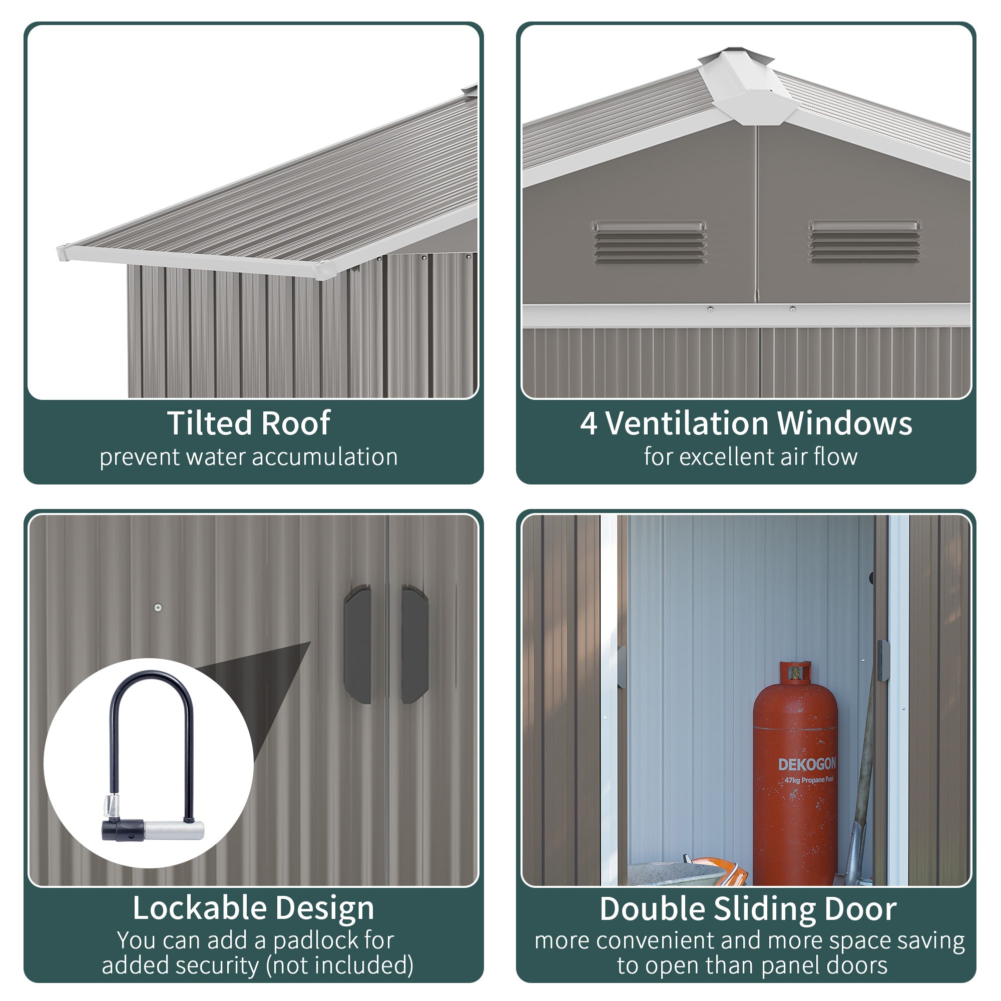 Metal Garden Storage Shed 6.5ft x 3.5ft Outdoor Tool Storage Double Sliding Doors 4 Vents, Grey