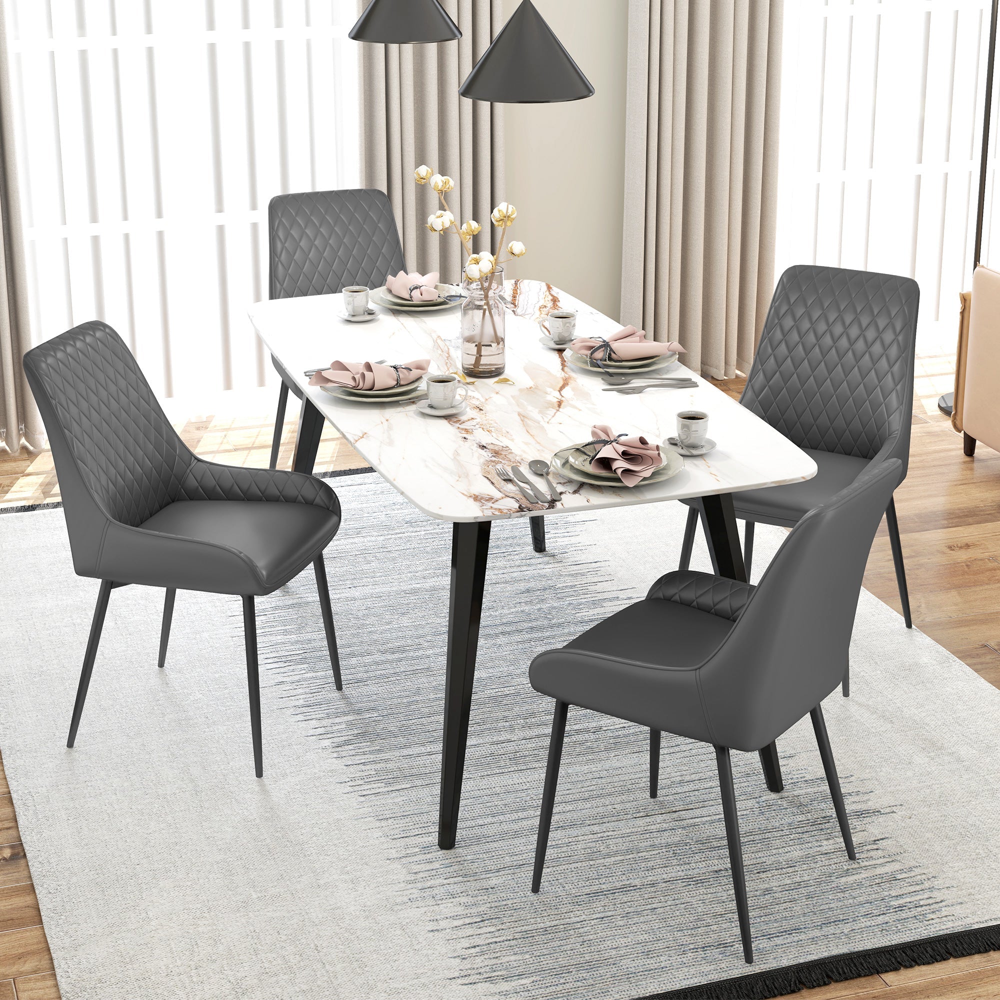 Dining Chairs, Quilted with Metal Frame 4 Legs, Grey PU Leather