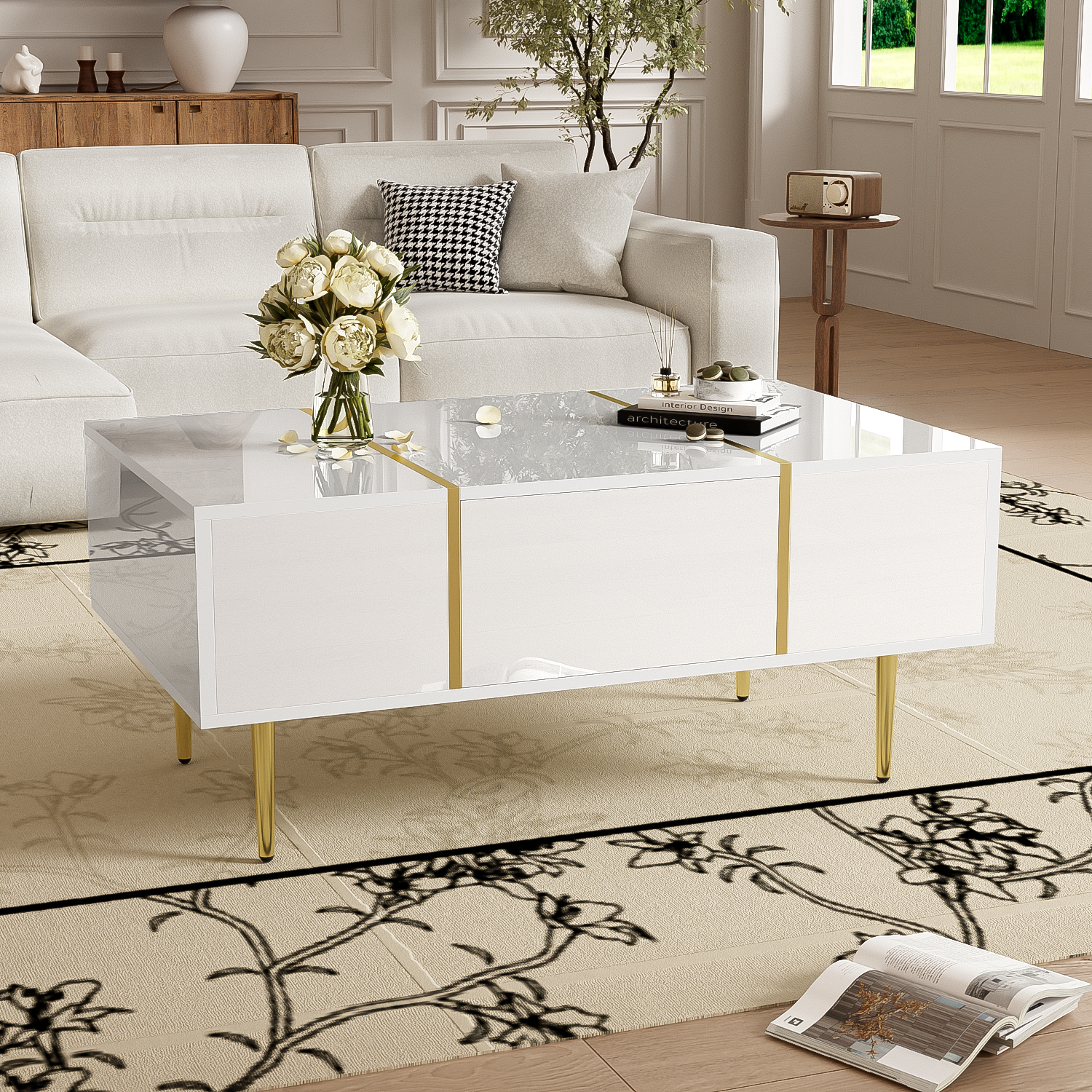 White high-gloss coffee table, modern and simple, with 2 drawers, made of Particle Board.