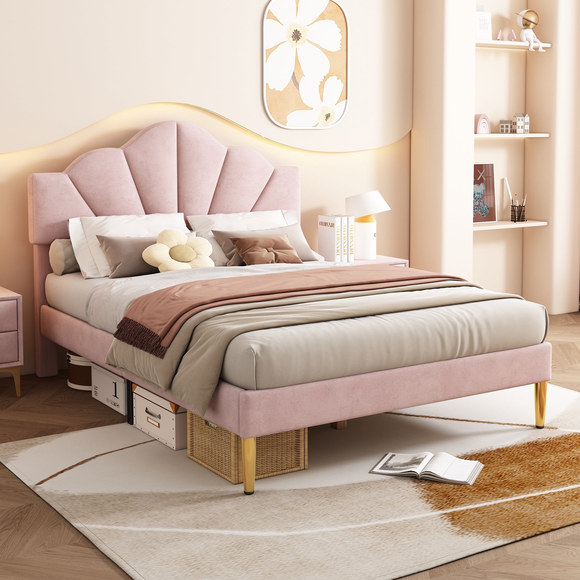 Velvet Upholstered Bed, King Size (150x200cm), Shell-Like with Adjustable Headboard, Pink
