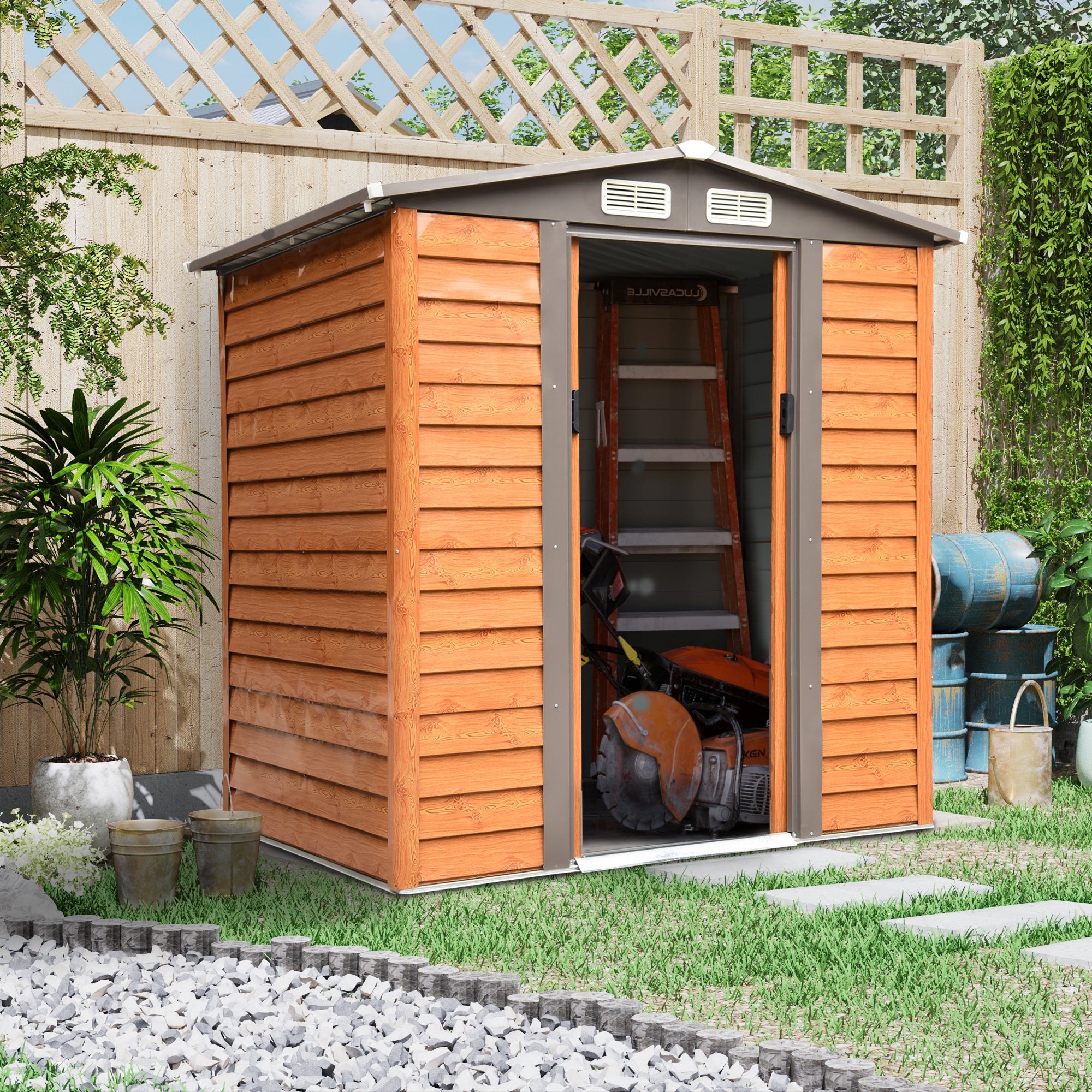 Metal Garden Shed with Ventilations, Sliding Door, Sloped Roof, Brown