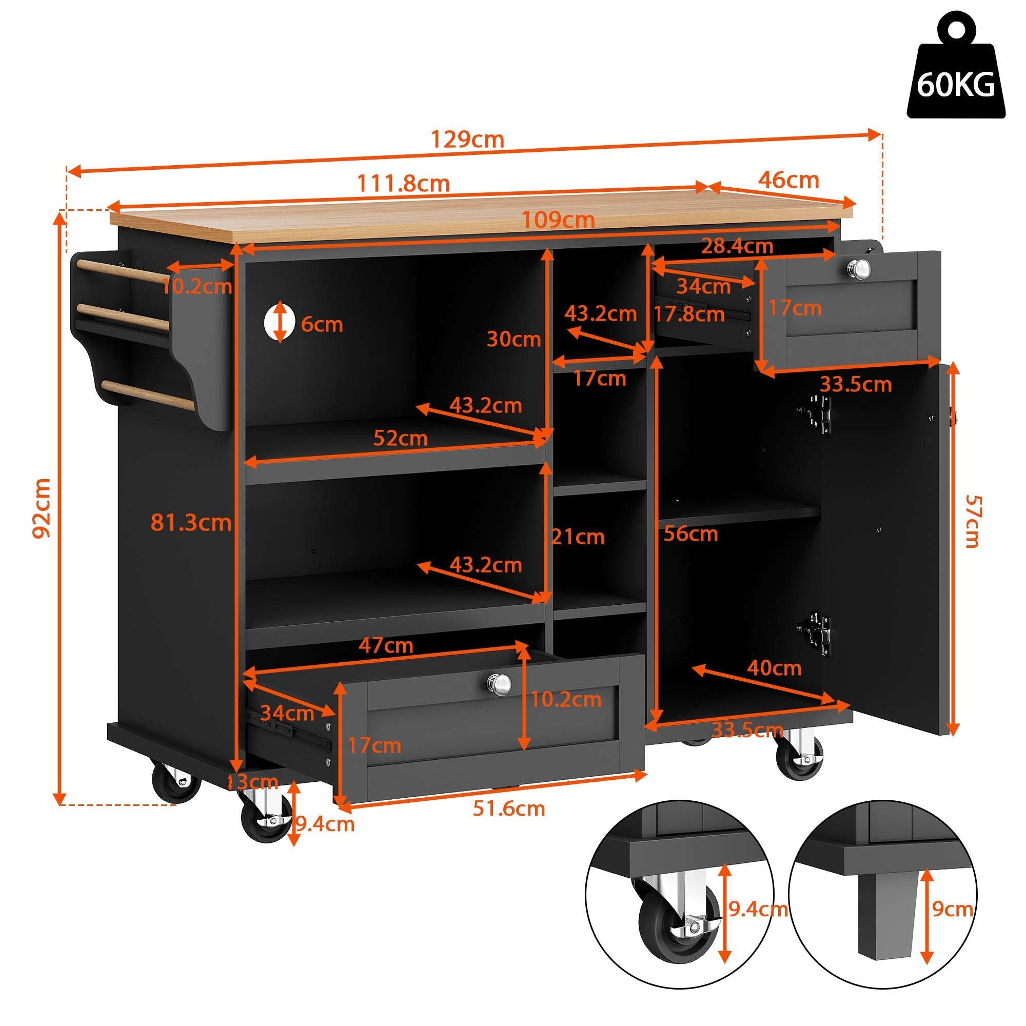 Dining Trolley (129x46x92cm), Mobile Kitchen with Drawers & Cupboards, Wood Top, Black