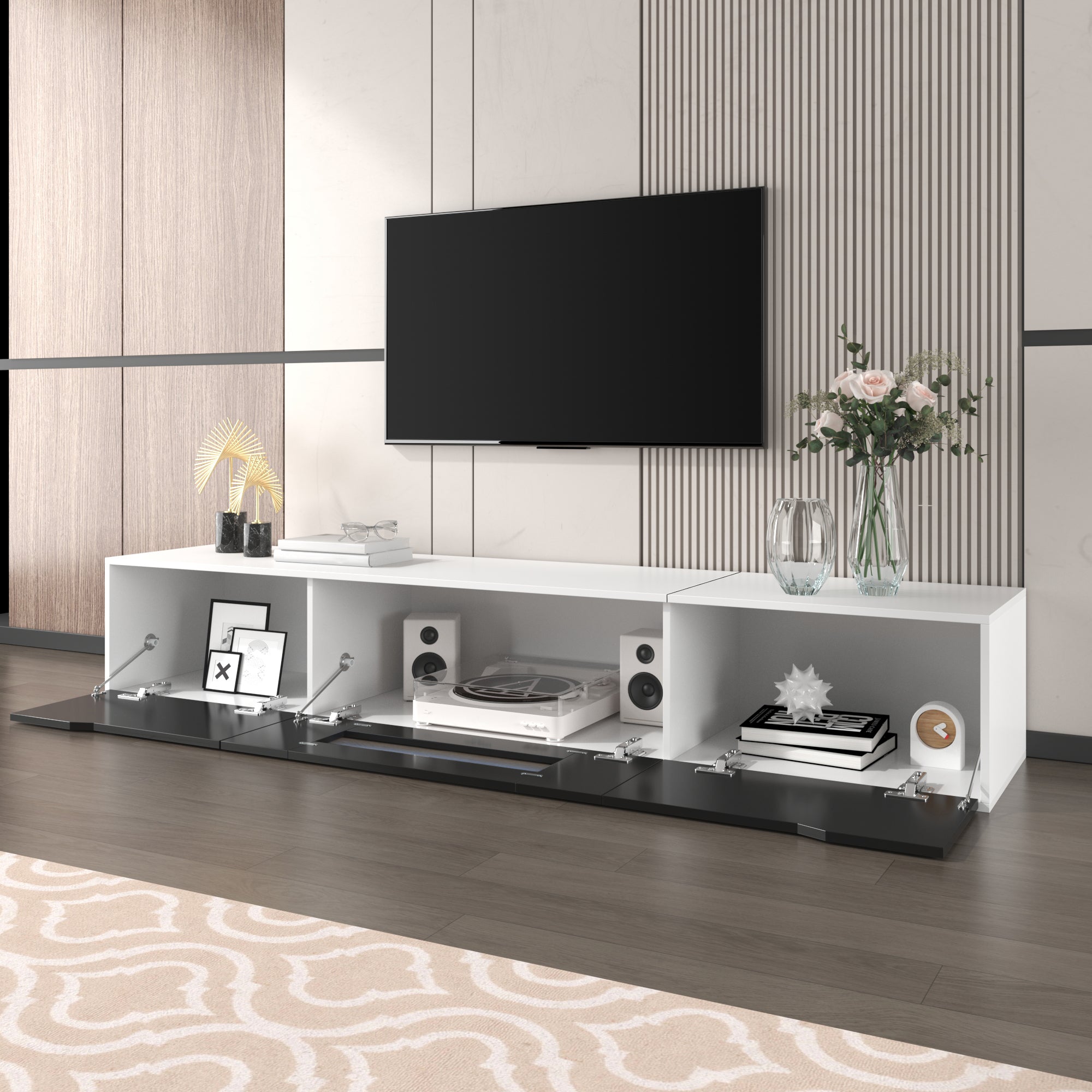 TV cabinet, high-gloss, white and black, with color-changing LED lights
