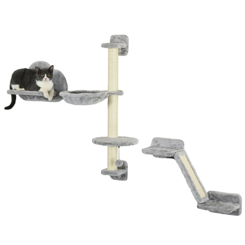 Cat Shelves, Three-Piece Wall-Mounted with Hammock, Ladder, Platforms, Scratching Post - Grey